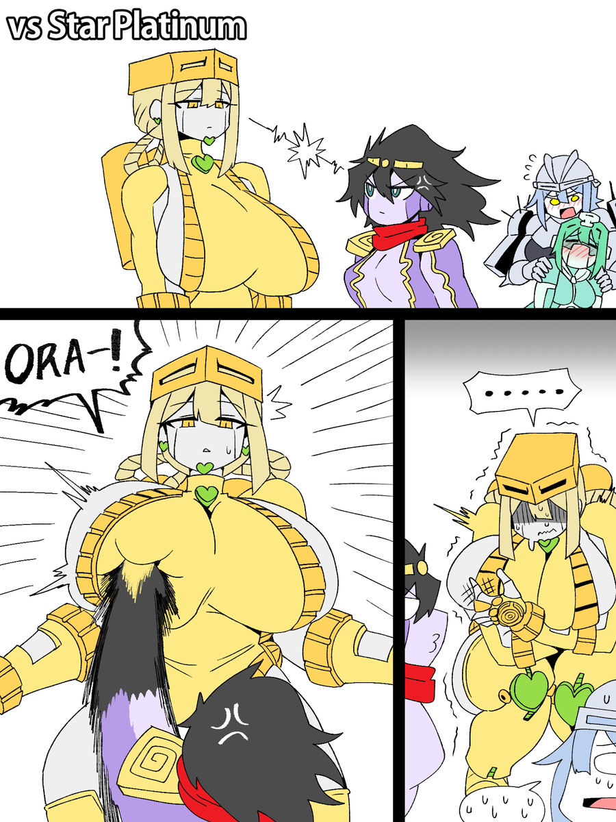 4girls, big breast humiliation, black hair, blonde hair, blush, blushing, breast punch, dark teal eyes, fingerless gloves, gloves, gold eyes, green hair, jojo's bizarre adventure, large ass, large breasts, mannungei, pain, punch, punching, red scarf, revenge, rule 63, sideboob, silver hair, size difference, star platinum, stardust crusaders, sweat, teal eyes, the world, thick thighs, thighhighs, yellow eyes
