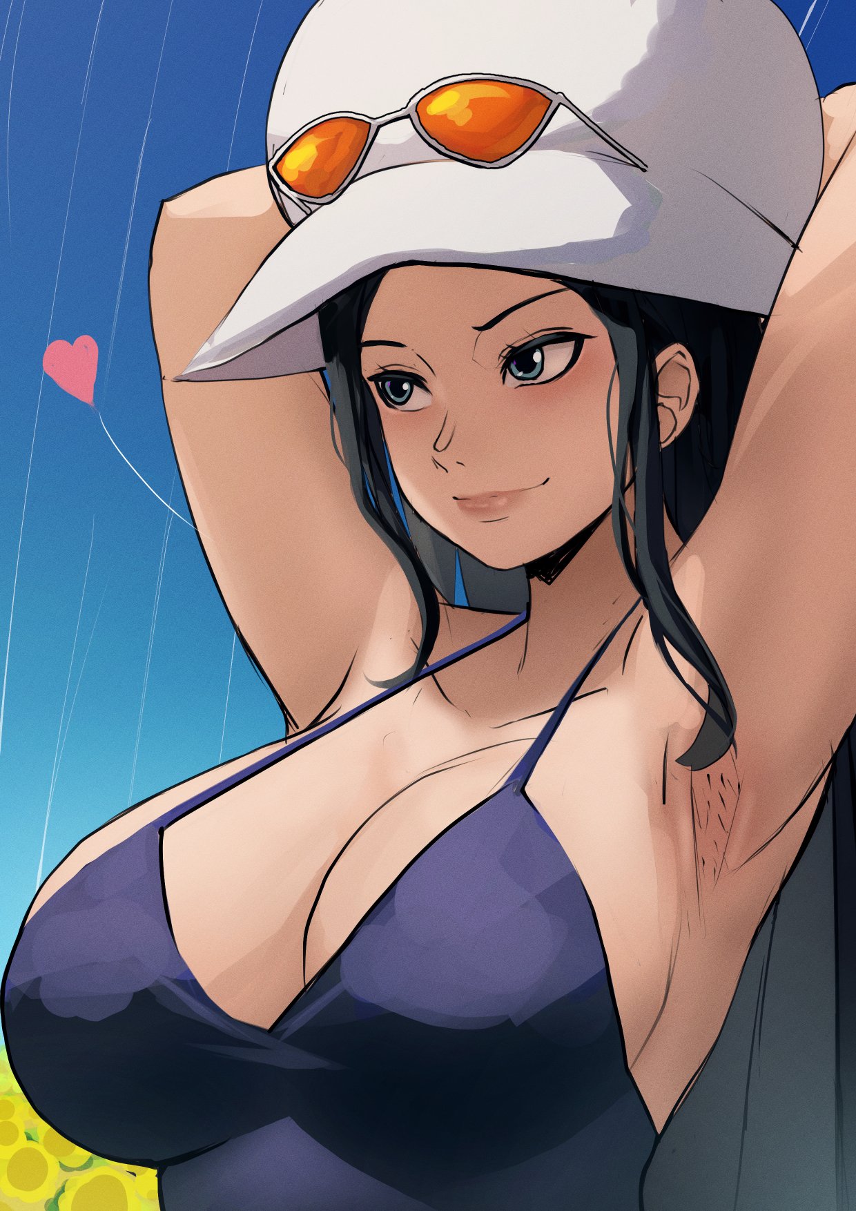 1girls, armpit crease, armpit fetish, armpit hair, armpits, arms up, black hair, black-haired female, dress, female, female only, foonie xd, nico robin, one piece, stubble, sun hat, sunglasses