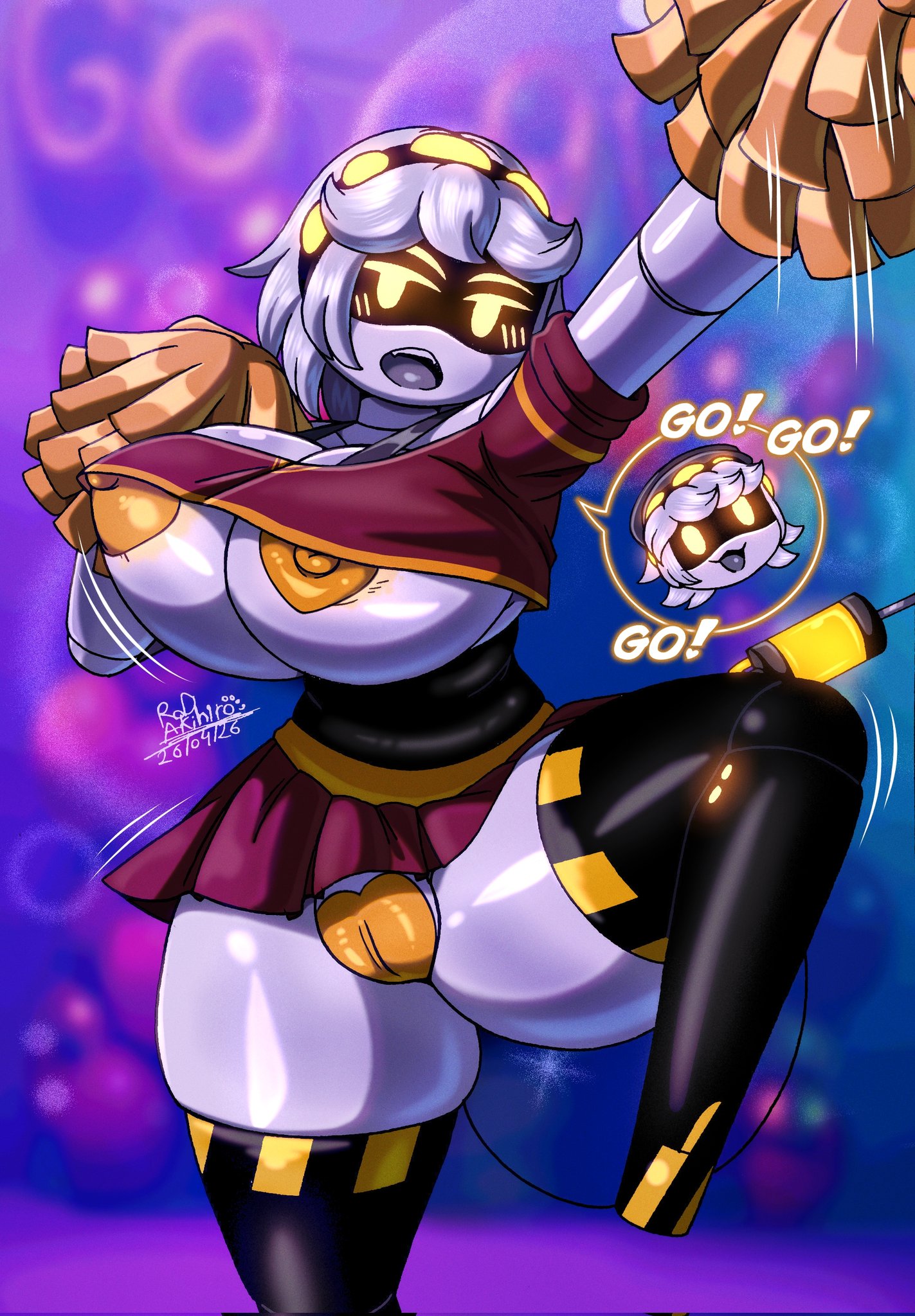 1boy, 1girls, areola, ass, big areola, big ass, big breasts, big nipples, big thighs, breasts, cheering, cheerleader, cheerleader outfit, cheerleader uniform, clothing, dialogue, drone, erect nipples, female, female focus, gigantic ass, gigantic breasts, gigantic thighs, glitch productions, glowing eyes, hat, huge areola, huge ass, huge breasts, huge nipples, huge thighs, male, murder drones, n (murder drones), nipples, pussy, robot, robot girl, rod akihiro, short hair, silver hair, tail, text, thick thighs, thighs, v (murder drones), yellow eyes