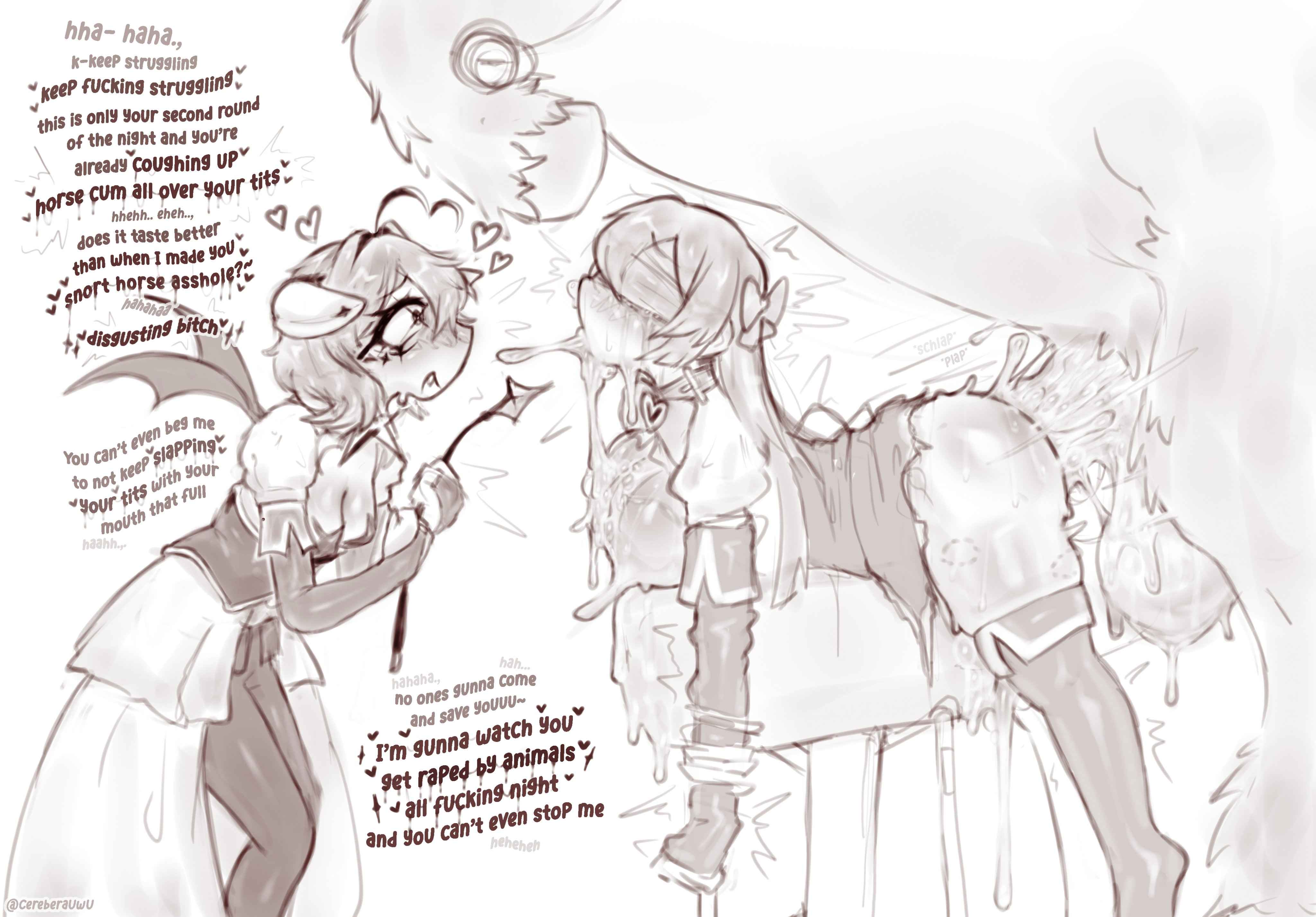 2girls, animal genitalia, bite mark, bondage, breeding mount, cum, dirty talk, excessive cum, gushing over magical girls, horse, horsecock, huge balls, huge cock, magia azul, magia baiser, mahou shoujo ni akogarete, penis, rough sex, sagaris uwu, sweat, tagme, text, zoophilia