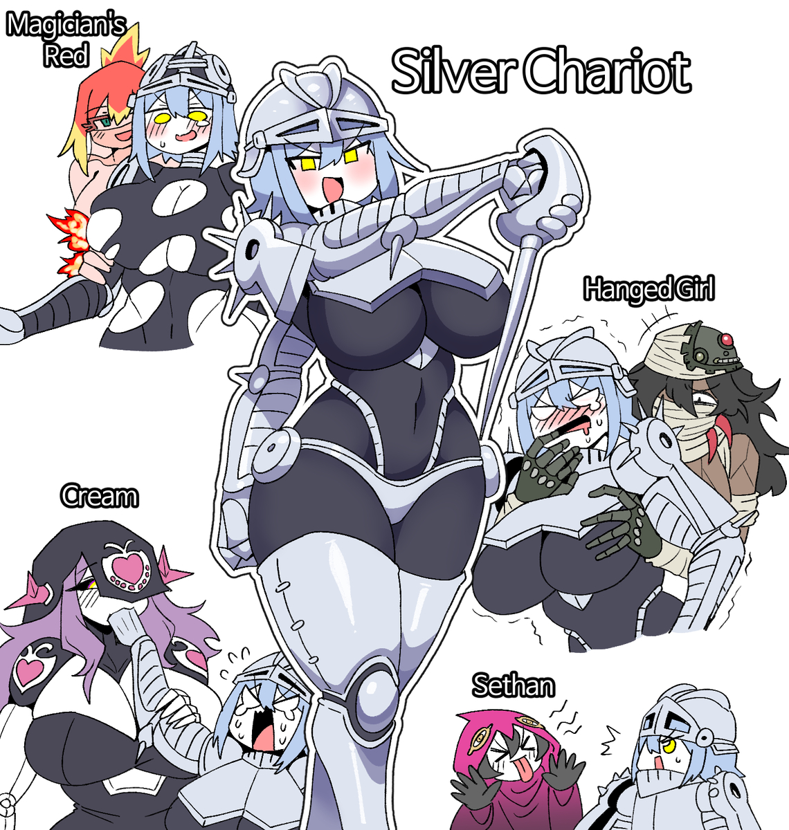 5girls, annoyed expression, armor, big ass, big breasts, biting hand, black hair, black sclera, blush, blushing, boots, cream (jjba), fencer, fencing, gloves, green eyes, hanged girl (jjba), hanged man (jjba), hangedman, helmet, jojo's bizarre adventure, large breasts, magician's red, mannungei, red hair, ripped clothing, rule 63, saber (weapon), sethan (jjba), short hair, silver chariot, silver hair, stardust crusaders, thick thighs, thighhighs, tongue out, yellow eyes, yellow highlights, yuri