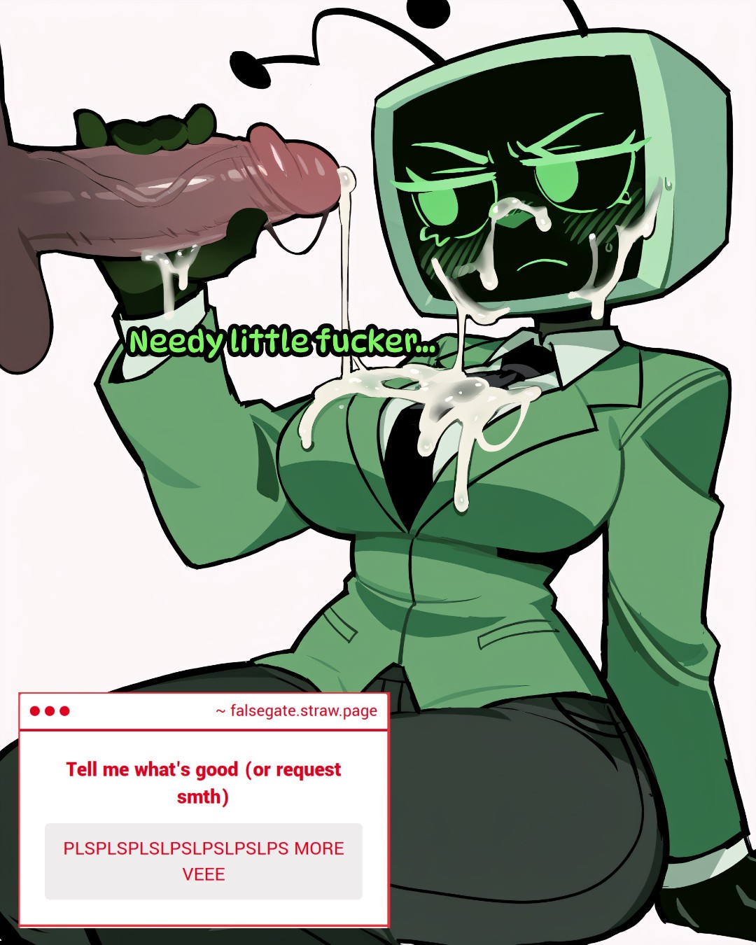1boy, 1girl, 4:5, ai generated, annoyed, annoyed expression, annoyed female, big breasts, black pants, blush, blush lines, clothed, cum on breasts, cum on face, curvy, curvy figure, dandy's world, dandys world, dialogue, dick, duo, falsegate, fully clothed, green eyes, green suit, handjob, penis in front of face, roblox, simple background, strawpage, strawpage request, suit, television head, thick thighs, tie, vee (dandy's world), veiny penis, white background