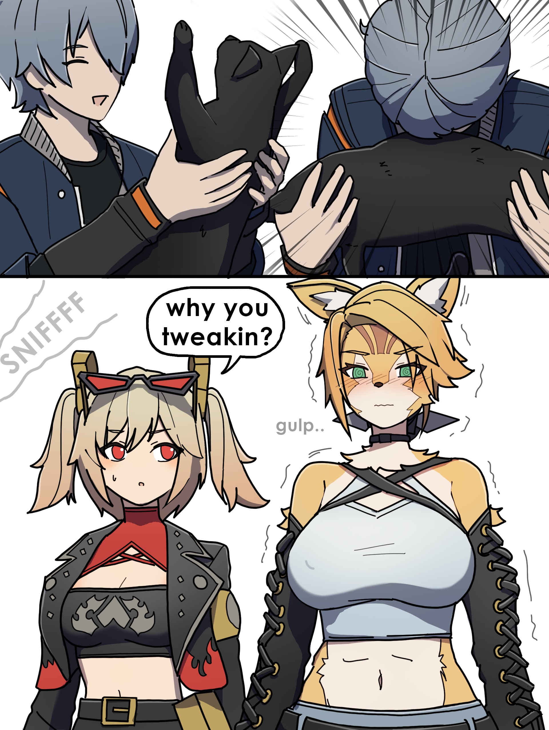 1boy, 2girls, anime, anime girl, anime style, aroused, aroused face, aroused female, belly button, blush, blushing, booty shorts, breasts, burnice white, cat, cat ears, catgirl, crop top, dorahdew, embarrassed, embarrassed expression, embarrassed female, furry, furry female, furry only, gloves, green eyes, hotpants, jacket, large breasts, looking at viewer, mask, midriff, ponytail, proxy (zenless zone zero), pulchra (zenless zone zero), pulchra fellini, short shorts, shorts, simple background, solo, solo female, spread legs, thick thighs, wide hips, zenless zone zero