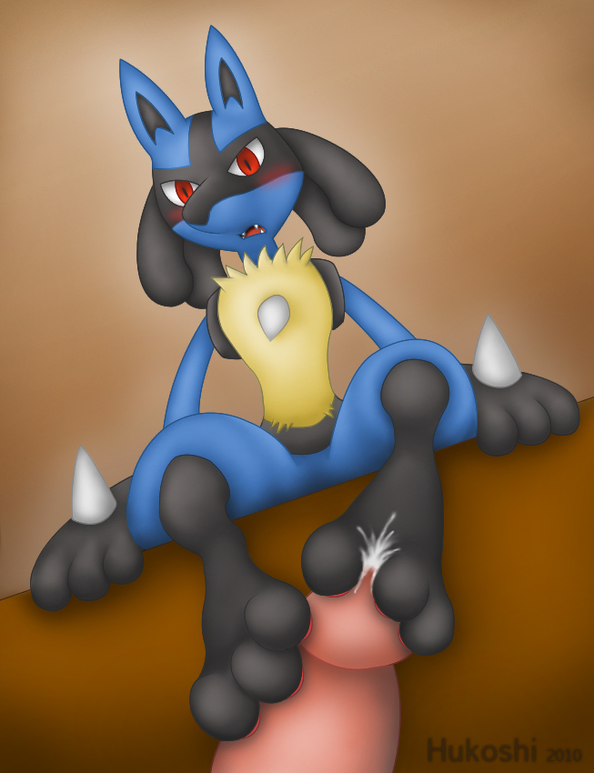 1boy 1other anthro blush color disembodied_penis erection footjob furry hukoshi humanoid_penis lucario male male_pov nintendo partial_male penis pokemon pokemon_(species) red_eyes smooth_penis straight toony unknown_gender