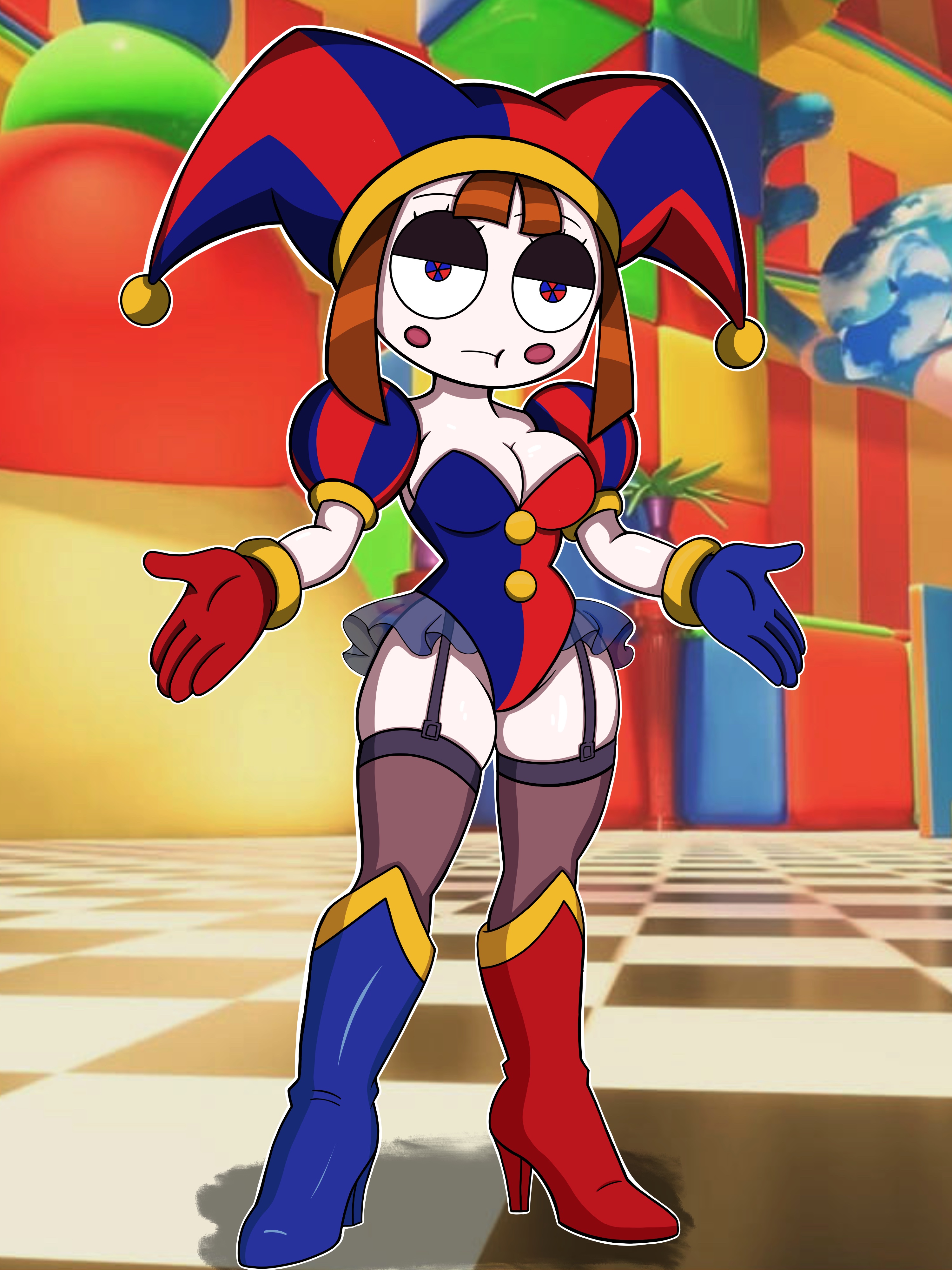 1girls, clothed female, female, garter straps, heels, jester, jester girl, lingerie, pomni, pomni (tadc), pomni (the amazing digital circus), stockings, tadc, the amazing digital circus, two tone clothing
