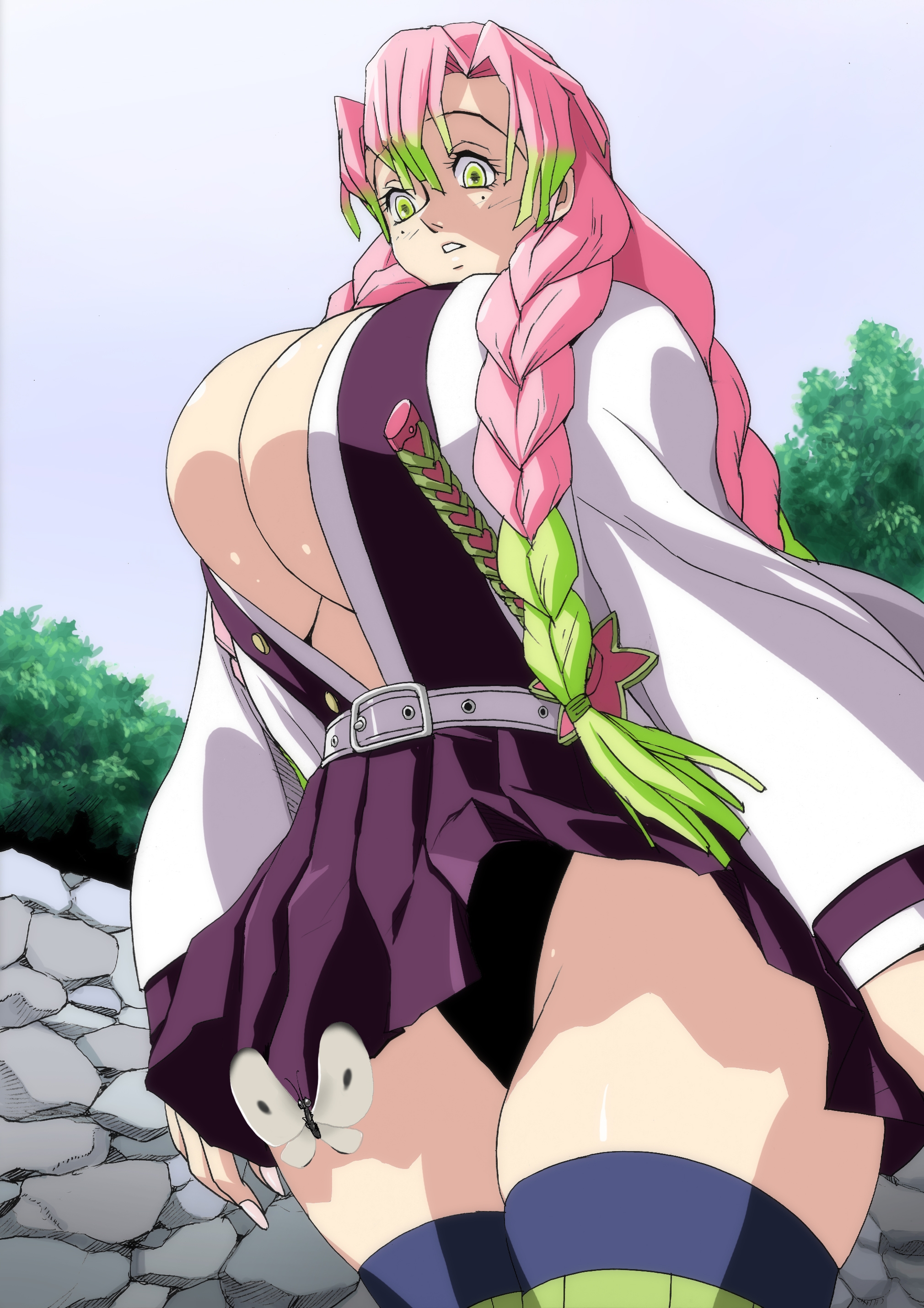 clevage, demon slayer, eiden, female, female only, huge breasts, kanroji mitsuri, kimetsu no yaiba, large ass, large breasts, looking at viewer, looking down, sexually suggestive, thick thighs