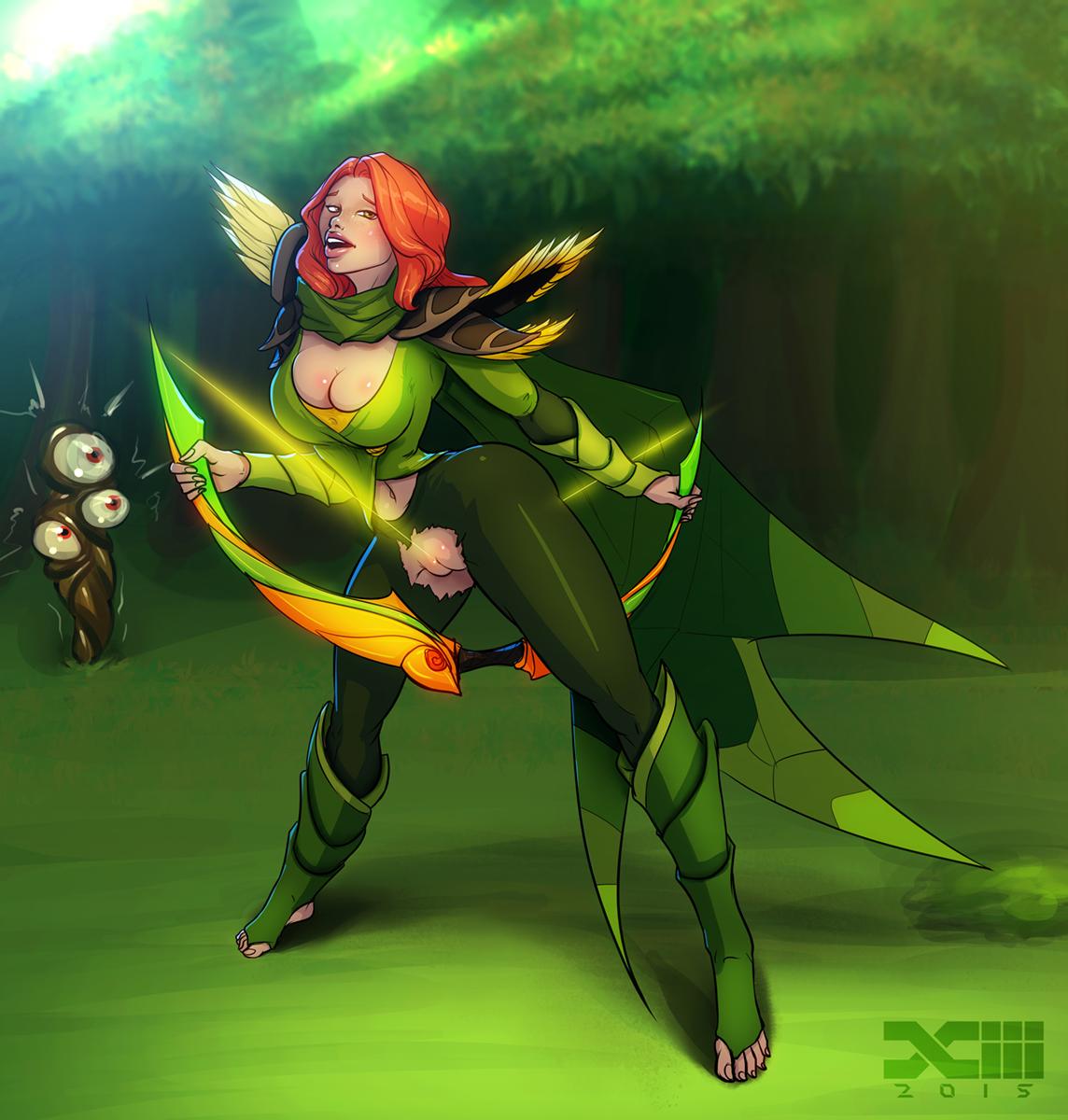 barretxiii, bow, cleavage, dota 2, female, looking at viewer, midriff, moaning, navel, open mouth, orange hair, posing, solo, standing, toeless footwear, uncensored, voyeur, weapon, wedgie, windranger