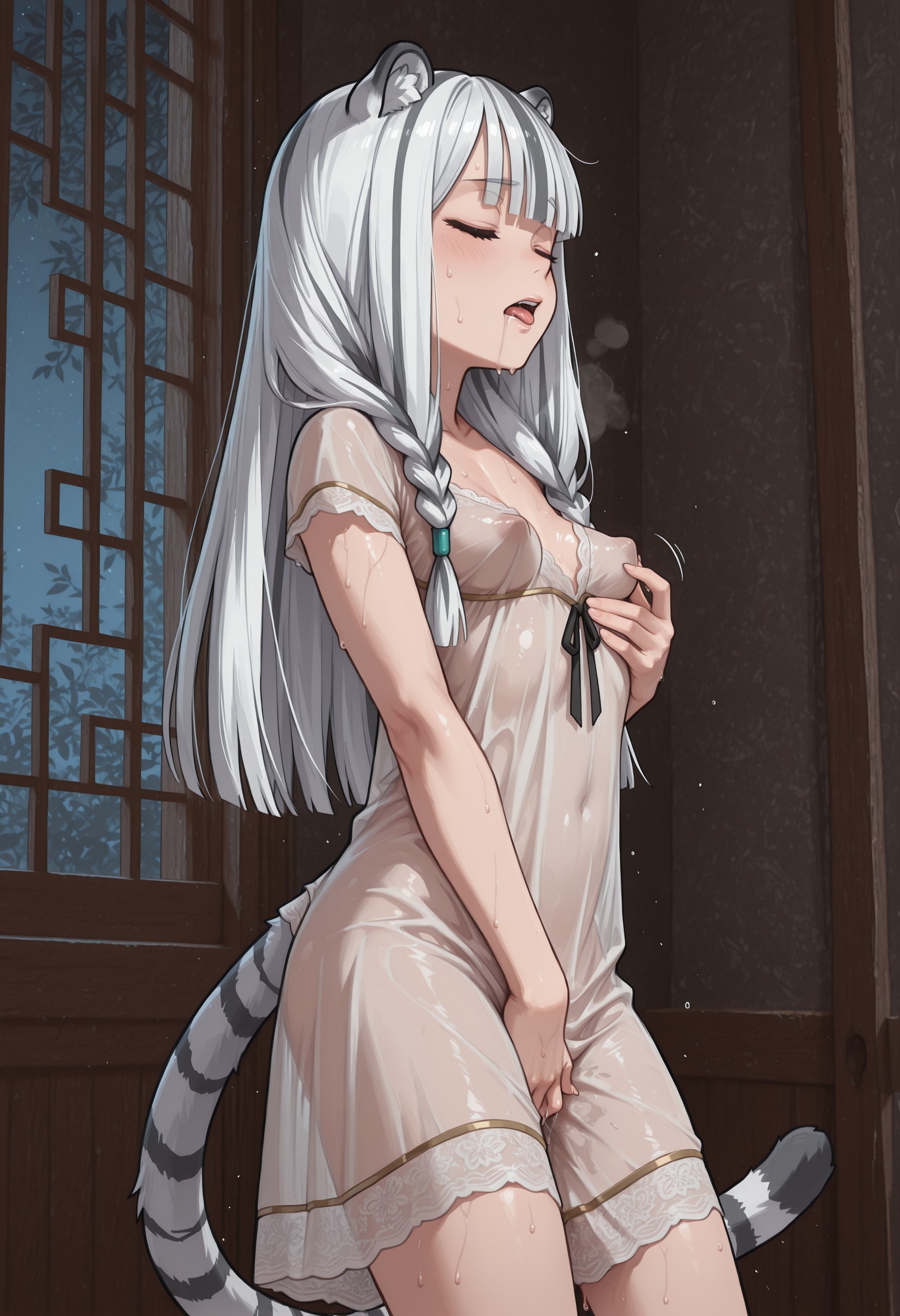 ai generated, animal ear fluff, animal ears, atla fayon, black hair, blunt bangs, blushing, breast squeeze, bushes, cat ears, cat tail, civitai, closed eyes, czero2011, drooling, female masturbation, hand between own legs, lace clothing, long hair, long sleeves, masturbation, navel visible through clothes, night, night sky, nightgown, open mouth, pale skin, perky breasts, perky nipples, shear clothing, silhouetted body, skinny, small breasts, solo female, standing, standing masturbation, sweating, tate no yuusha no nariagari, the rising of the shield hero, tongue out, translucent clothing, twin braids, two toned hair, wet clothes, white hair, white tiger girl, window
