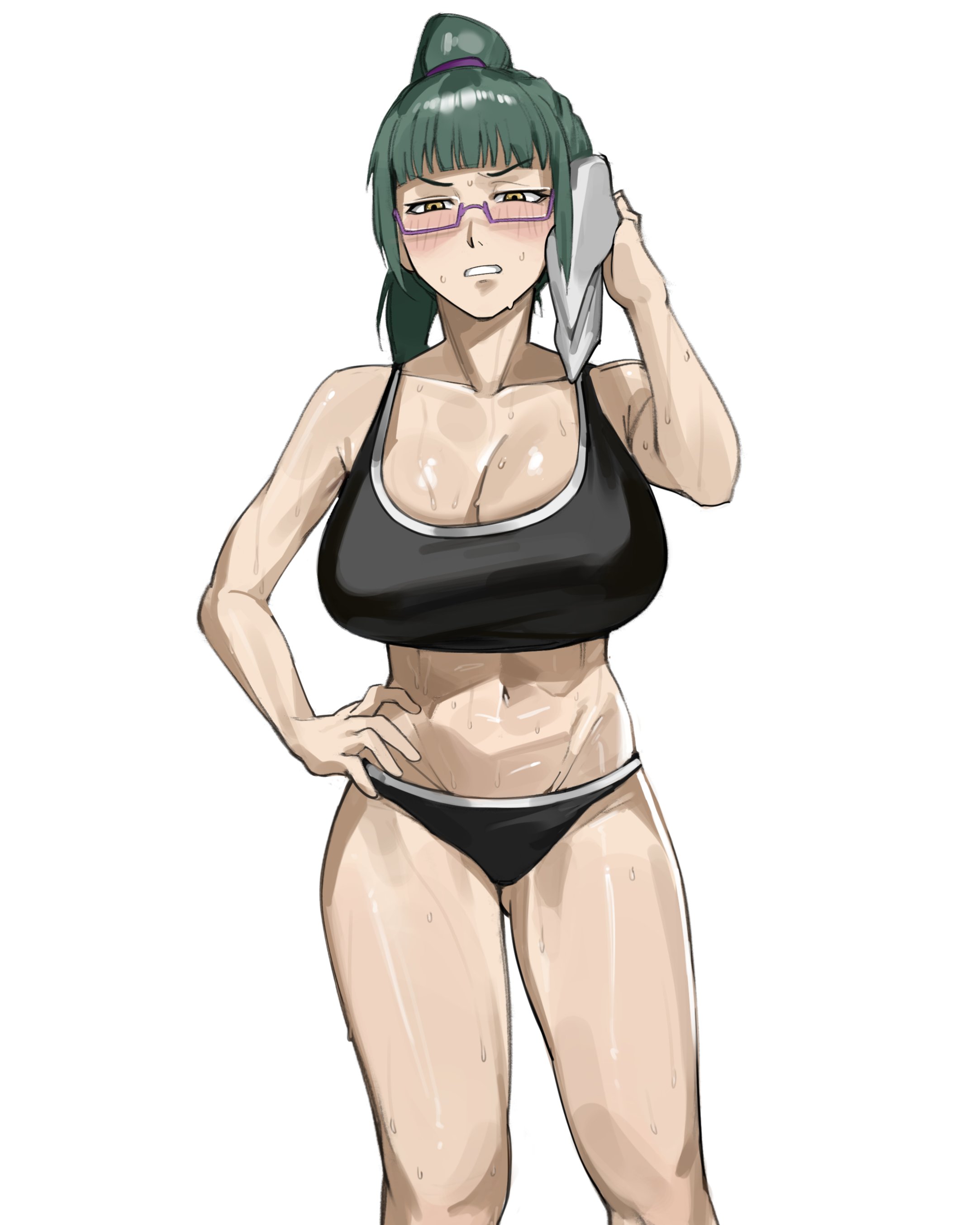 ass visible through thighs, clothed, green hair, gym, gym uniform, hand on hip, jujutsu kaisen, kartistry, large breasts, maki zenin, midriff, solo, solo female, solo focus, sweat, sweating, sweaty, tank top, thick thighs, toned, toned female, white background, yellow eyes, zenin maki