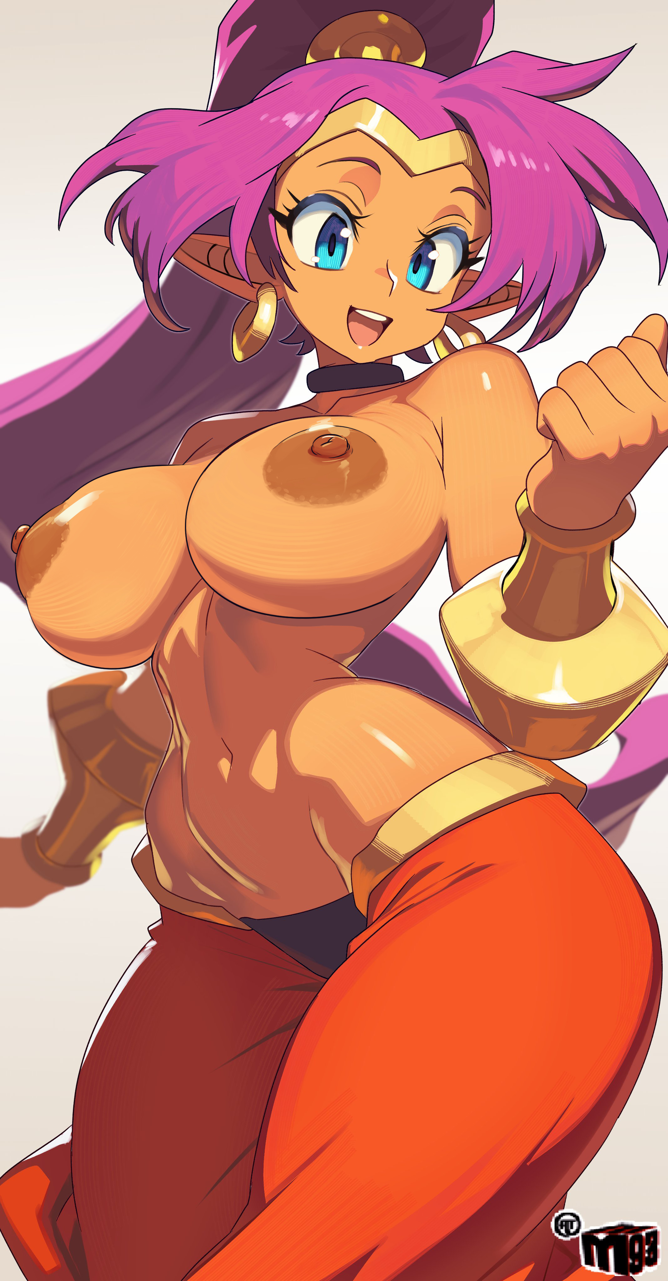 1girls, areolae, bare shoulders, big ass, big breasts, blue eyes, dark skin, earrings, female, female only, large breasts, long hair, mewmaster93, navel, nipples, pointy ears, ponytail, purple hair, shantae, shantae (character), simple background, solo, third-party edit, topless, underboob, wide hips