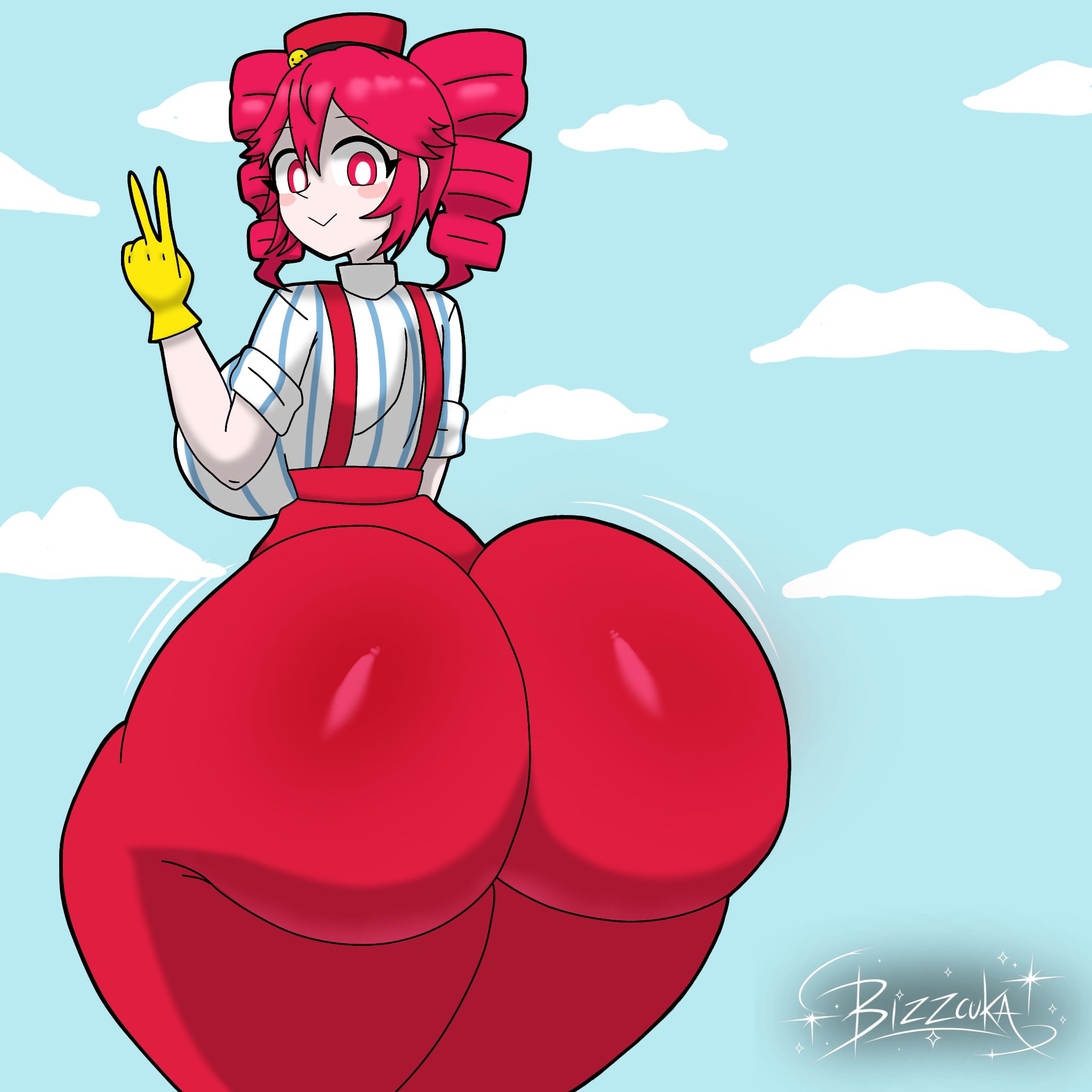 1girls, 2d, 2d (artwork), artist name, artist signature, ass, ass bigger than head, ass bigger than torso, ass crack, ass focus, back, back view, backboob, big ass, big breasts, big hips, big thighs, blizcuka, blouse, blush, blushing, blushing at viewer, bottom heavy, breasts, bubble butt, clothed, clothed female, clothing, curvaceous, curvy, curvy body, curvy female, curvy figure, curvy hips, dumptruck ass, dumptruck booty, dumptruck butt, enormous ass, enormous thighs, fat ass, female, female only, fully clothed, gigantic ass, gigantic thighs, gloves, gluteal fold, hat, high waisted pants, high-waist pants, hips wider than shoulders, hourglass figure, huge ass, huge breasts, huge hips, huge thighs, hyper, hyper ass, hyper hips, hyper thighs, jiggle, jiggling ass, kasane teto, kasane teto (sv), large ass, large breasts, large thighs, long hair, looking at viewer, looking back, looking back at viewer, massive ass, massive hips, massive thighs, mesmerizer (vocaloid), mesmerizer teto, motion lines, mv character, no sex, peace sign, pear shaped, pear shaped female, phat ass, ponytails, red eyes, red hair, round ass, shiny clothes, shirt, sideboob, simple background, skin tight, skin tight pants, slim waist, small breasts, smile, solo, solo female, striped shirt, suspenders, synthesizer v, thick ass, thick thighs, thighs, thighs bigger than head, thighs bigger than torso, tight clothing, tight pants, tiny waist, twin drills, utau, venus body, voluptuous, voluptuous female, wasp waist, wide hips, wobble, wobbling ass