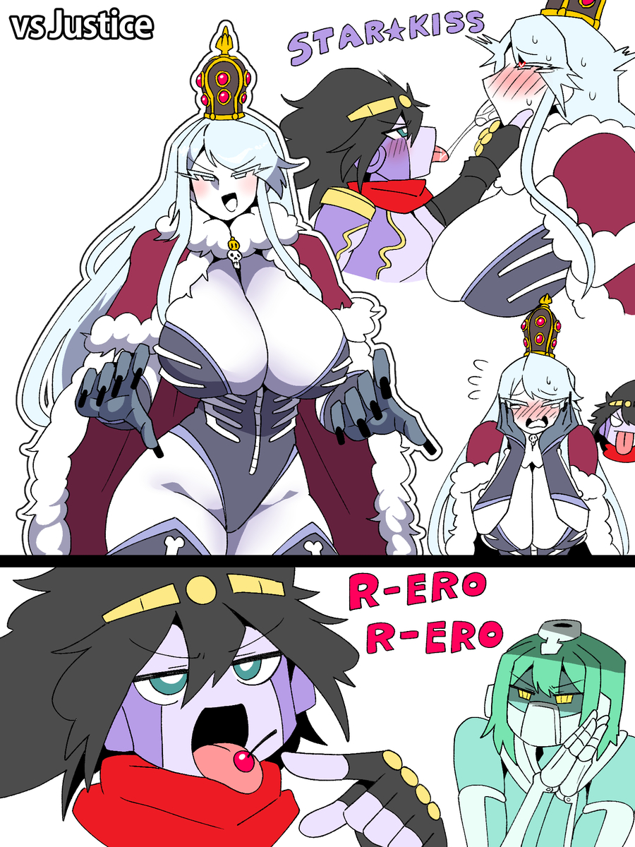 3girls, blush, blushing, cherry, crown, dark teal eyes, embarrassed, green hair, heart-shaped pupils, hierophant green, holding chin, jojo reference, jojo's bizarre adventure, justice (jjba), kiss, kissing, large ass, large breasts, licking, mannungei, mantle, mask, meme, rero, saliva, saliva trail, star platinum, stardust crusaders, teal eyes, thick thighs, thighhighs, tongue kiss, tongue out, white eyes, white hair, white tongue, yellow eyes, yuri