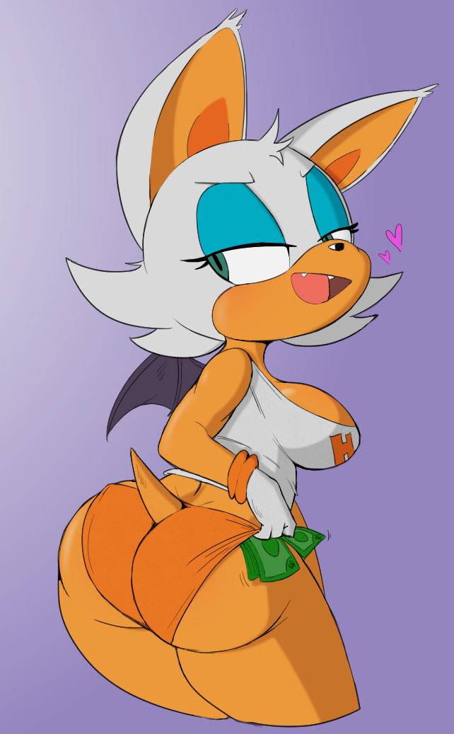 anthro, ass, bat, bat wings, big ass, big breasts, bracelet, breasts, clothed, clothing, digital media (artwork), edit, eyelashes, fangs, female, fur, heart, hooters, jewelry, looking back, membranous wings, money, open mouth, purple yoshi draws, rear view, rouge the bat, sega, shirt, smile, solo, sonic (series), sonic the hedgehog (series), standing, thick thighs, white fur, wings