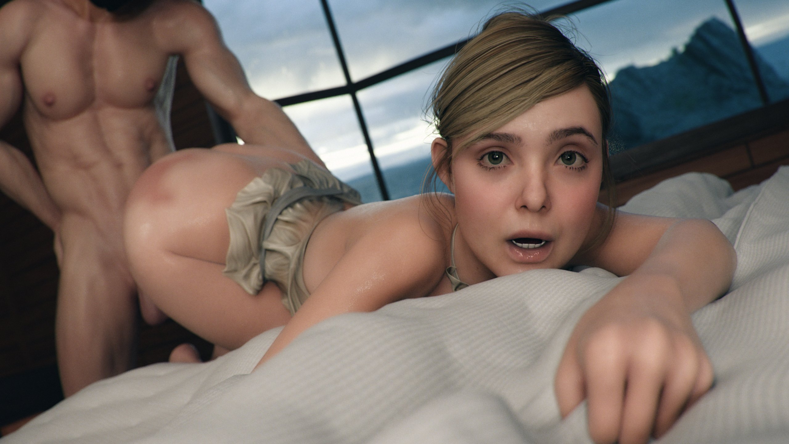 1boy, 1girls, 3d, alternate angle, death stranding, death stranding 2: on the beach, different angle, elle fanning, female, female penetrated, from behind, from behind position, leeterr, light skin, light-skinned female, light-skinned male, looking at viewer, male, penetration, sex, tomorrow (death stranding), vaginal, vaginal penetration, vaginal sex