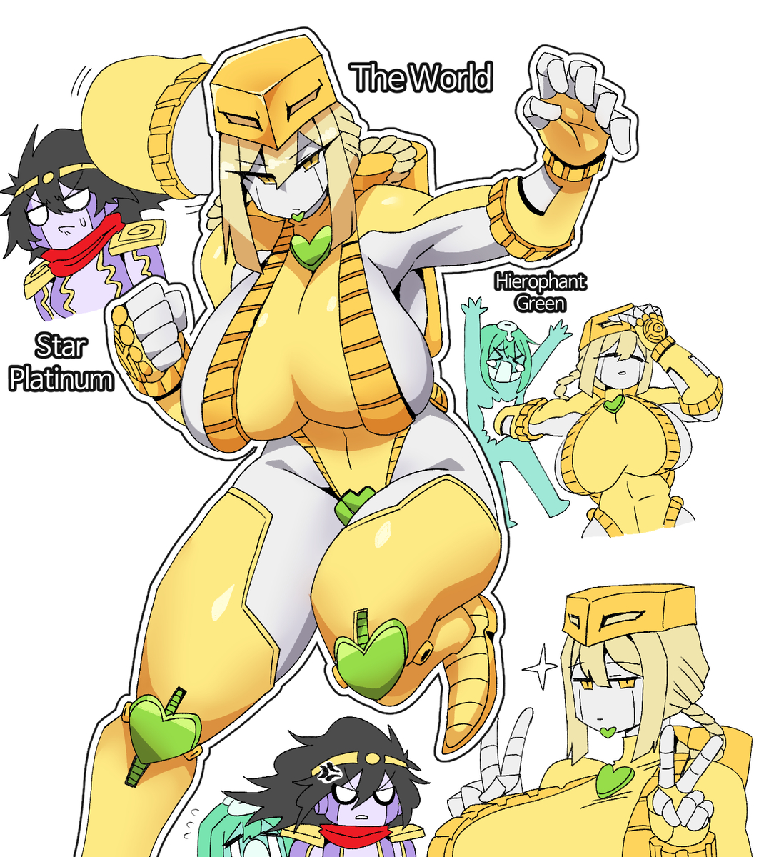 3girls, big breasts, black hair, blonde hair, boots, braid, gloves, gold eyes, green hair, heart, hierophant green, huge ass, huge breasts, jojo's bizarre adventure, mannungei, meme, naoya hair flip, peace sign, red scarf, rule 63, sideboob, star platinum, stardust crusaders, the world, thick thighs, thighhighs