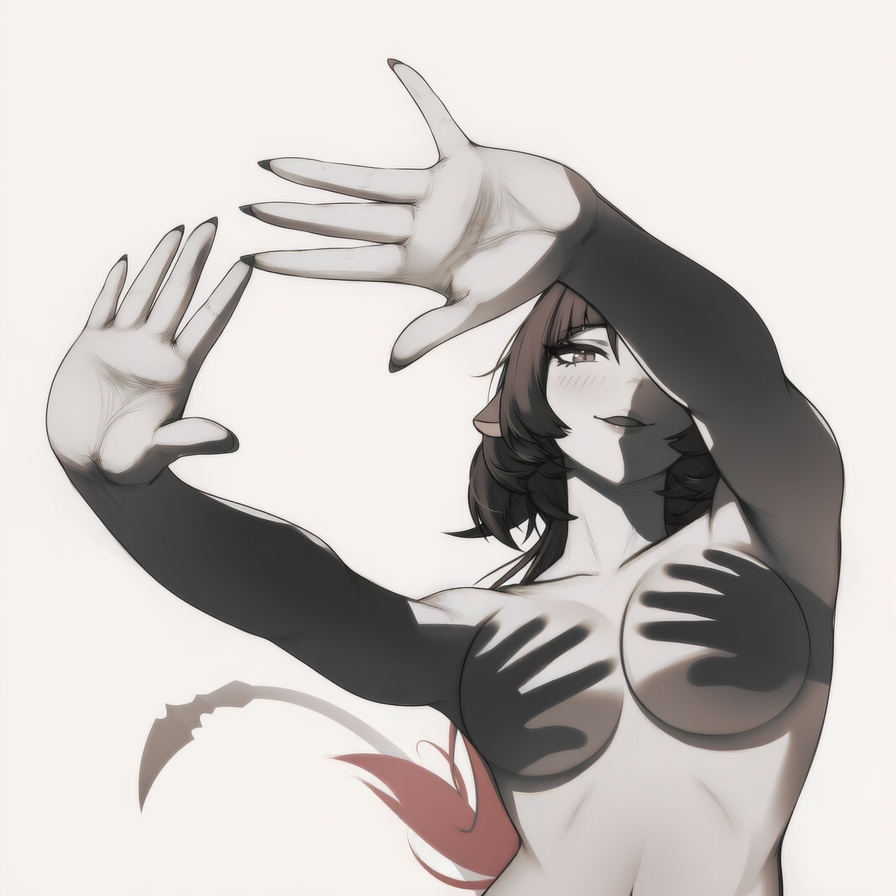 1girl, 1girls, artist request, hands casting shadow, jane doe (zenless zone zero), multicolored hair, naked, naked breasts, naked female, simple background, tagme, tagme (artist), tail, zenless zone zero