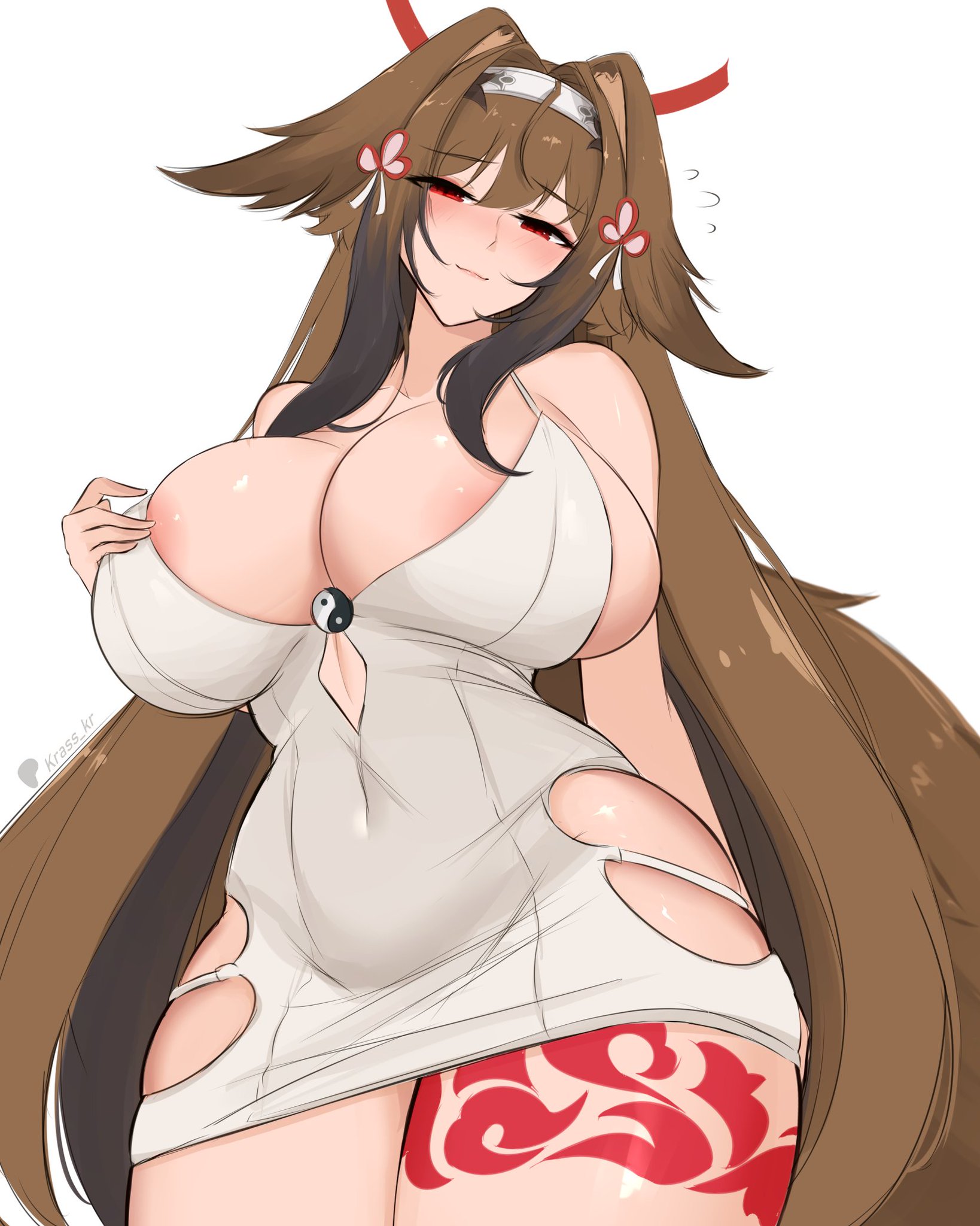, 1girls, 2020s, 2026, 2d, 2d (artwork), 2d artwork, 5 fingers, artist name, bedroom eyes, big boobs, big breasts, big hips, big thighs, big tits, big titties, blush, blushing, blushing at viewer, boobs, breasts, brown hair, brown hair female, cleavage, cleavage overflow, clothed, clothed female, clothes, cropped legs, curvy, curvy body, curvy female, curvy figure, curvy hips, curvy thighs, digital drawing (artwork), digital media, digital media (artwork), ears, ears down, eyebrows, eyelashes, eyes, eyes half closed, eyes half open, eyes open, female, female focus, female only, fingers, fluffy ears, furry ears, girl, hair ornament, hair ribbon, half naked, half nude, half-dressed, hand on breast, hips, hoyoverse, human, human female, humanoid, krass kr, large boobs, large breasts, large tits, light skin, light-skinned female, lips, long ears, long hair, long hair female, looking at viewer, marking, markings, mihoyo, mihoyo technology (shanghai) co. ltd., no bra, partially clothed, partially clothed female, partially nude, partially nude female, patreon username, red eyes, revealing clothes, revealing clothing, revealing outfit, sexually suggestive, shiny breasts, shiny skin, simple background, slight blush, smile, smiling, smiling at viewer, suggestive, suggestive look, thick hips, thick thighs, thighs, thiren, tight clothes, tight clothing, tits, very long hair, video game character, video game franchise, watermark, white background, wide thighs, ye shunguang, ye shunguang(zenless zone zero), yin yang, yunkui summit, zenless zone zero