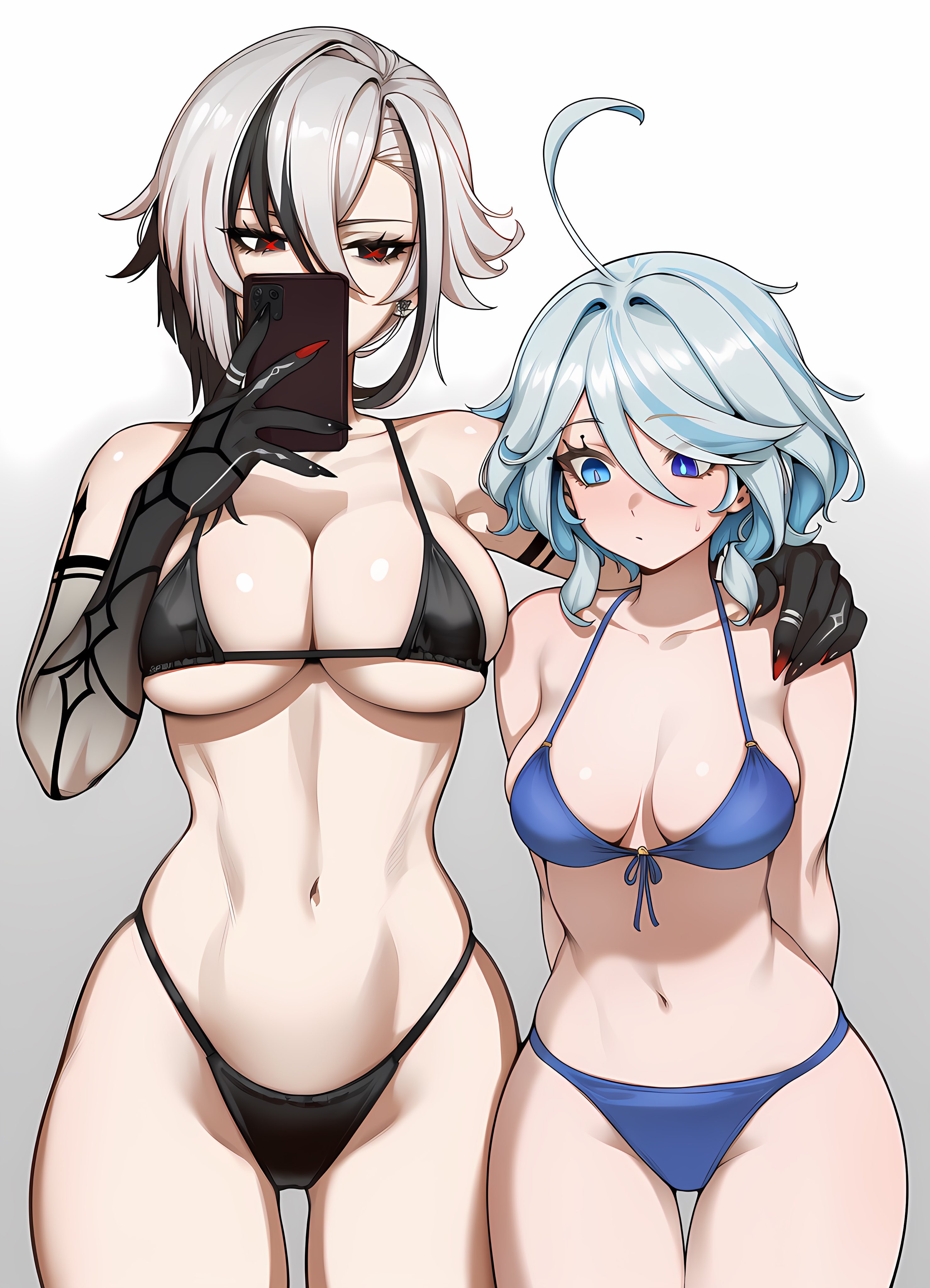 2d, 2d (artwork), 2girls, ai, ai art, ai generated, alternate costume, arlecchino (genshin impact), arms behind back, big breasts, bikini, bikini bottom, bikini top, black bikini, black bikini bottom, black bikini top, black bra, black hair, black swimsuit, black thong, blue bikini, blue bikini bottom, blue bikini top, blue eyes, blue hair, bra, cellphone, covered nipples, different breast sizes, different poses, embarrassed, embarrassed expression, embarrassed female, female, front view, furina (genshin impact), genshin impact, high resolution, highres, holding cellphone, holding object, hoyoverse, light skin, light-skinned female, looking at another, mature, mature female, medium breasts, mihoyo technology (shanghai) co. ltd., perfect body, red eyes, red nails, selfie, sexy, simple background, standing, swimsuit, thong, two piece swimsuit, two-tone hair, voluptuous, voluptuous female, white background, white hair, young, younger female