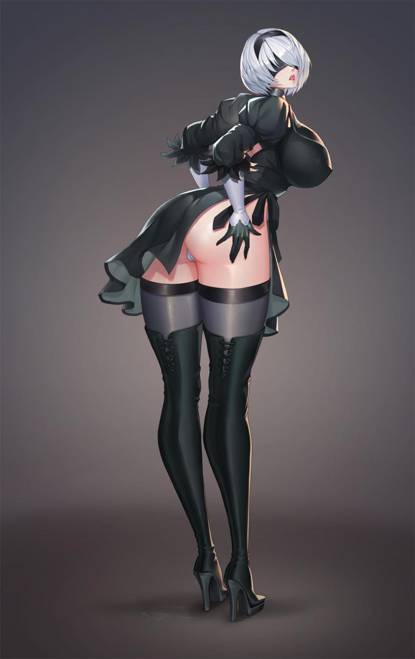 1girls, 2021, ass, big ass, big breasts, black clothing, breasts, cameltoe, dark night (darkotl), female, female only, leotard, long legs, nier: automata, open mouth, pantyshot, pussy, solo, tagme, tall female, thighhighs, thin female, thin waist, white hair, white leotard, yorha 2b