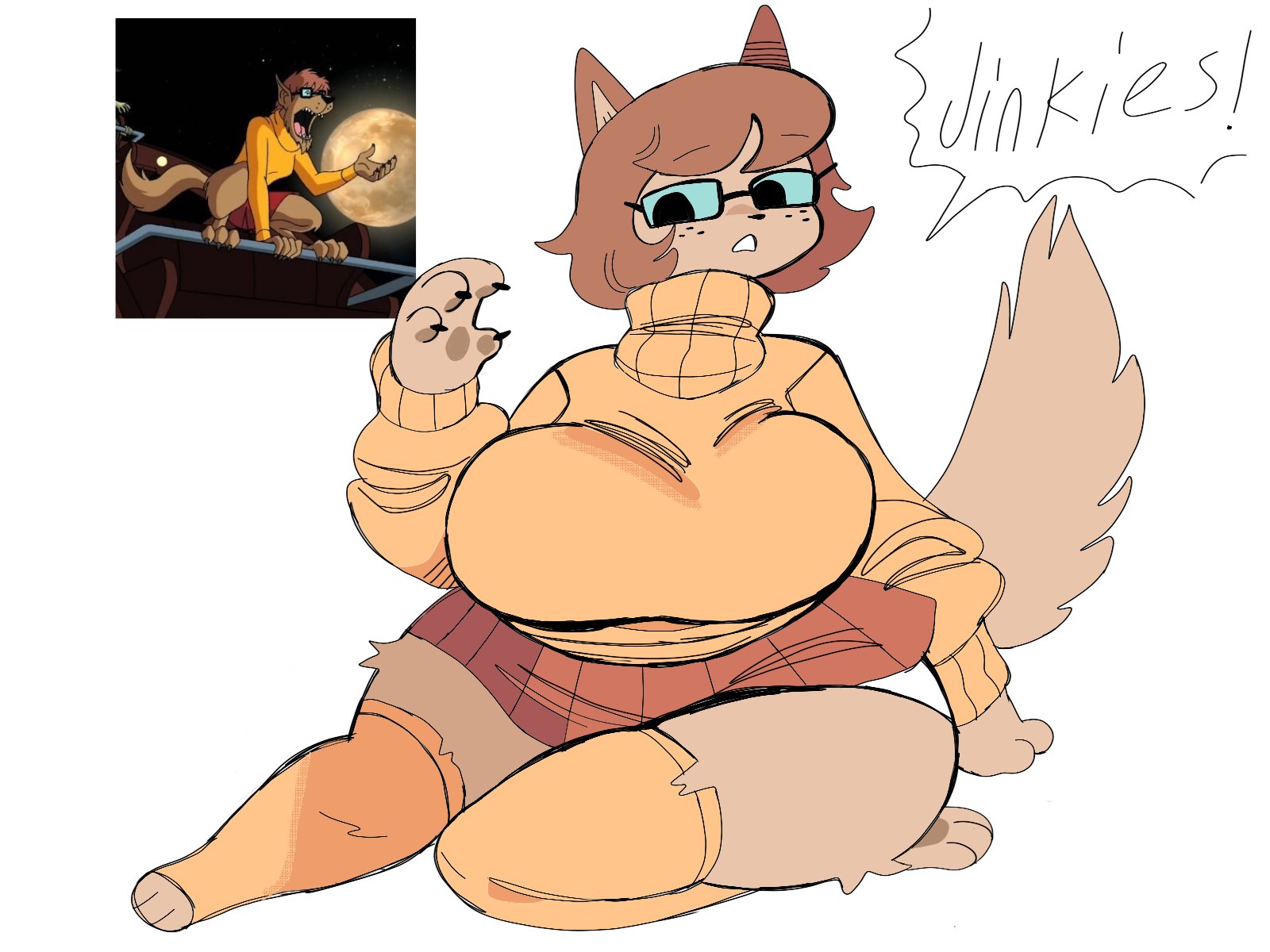 1girls, anthro, big breasts, breasts, brown hair, canid, canine, claws, clothed, clothing, dialogue, eyewear, female, female only, freckles, fur, furry, glasses, hanna-barbera, huge breasts, panties, paws, puppychan, reference image, rough sketch, scooby-doo, simple background, sitting, skirt, solo, speech bubble, sweater, tagme, tan fur, thick thighs, thighhighs, velma dinkley, voluptuous, werewolf, white background, wolf ears, wolf tail