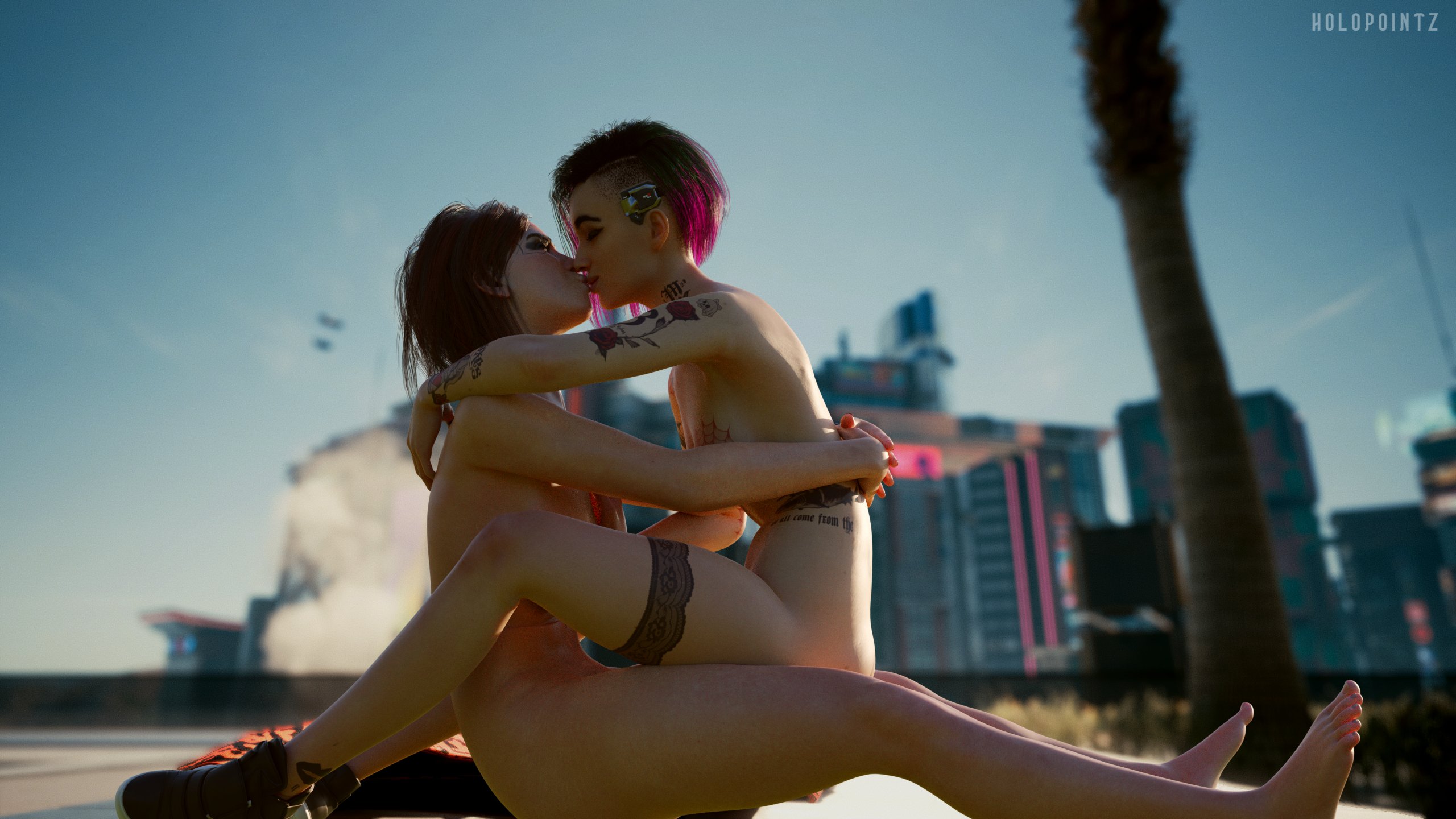 2girls, 3d, artist name, blender, cd projekt red, cyberpunk 2077, female, female only, holopointz, judy alvarez, kissing, light skin, light-skinned female, mexican, nude, v (cyberpunk 2077), valerie (cyberpunk 2077), yuri