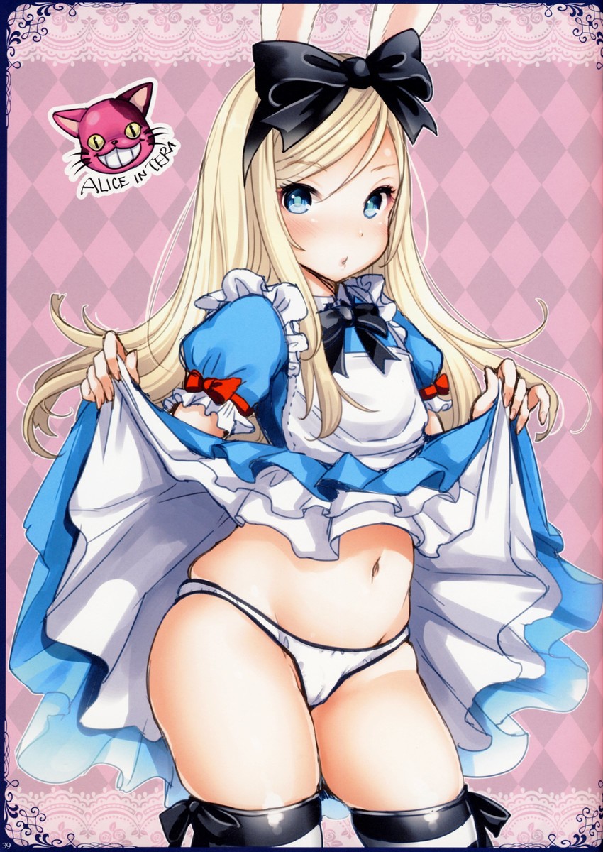 1girls alice_in_wonderland alice_liddell animal_ears belly blonde_hair blue_eyes blush bow bunny_ears cameltoe clothes_lift cosplay dress dress_lift elin hairband hairbow long_hair looking_at_viewer mojarin_(kihara_mojarin) navel panties pursed_lips striped striped_legwear tagme tera_online thighhighs underwear white_panties