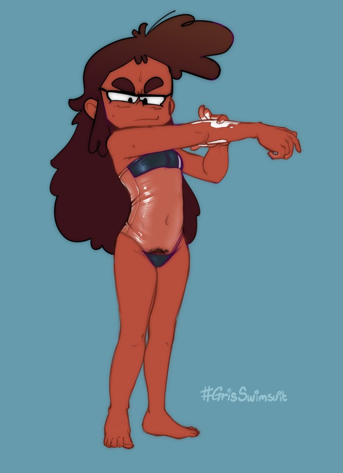 1girls, belly button, bottomless, clothed, clothing, dark skin, dark-skinned female, eleanor (hexanne), feet, female, female only, gris swimsuit, hexanne, original character, partially clothed, see-through swimsuit, solo, sunscreen, swimsuit