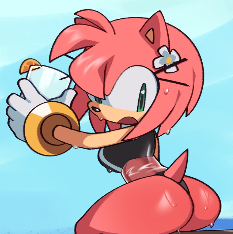 1:1 1girls 5_fingers amy_rose anthro big_ass bra butt_focus drink female female_focus female_only fiinel flower gloves green_eyes hedgehog open_mouth outside panties partially_clothed pink_fur pink_hair plain_background rear_view sitting small_breasts sonic_(series) sonic_the_hedgehog_(series) swimwear tail thong wet