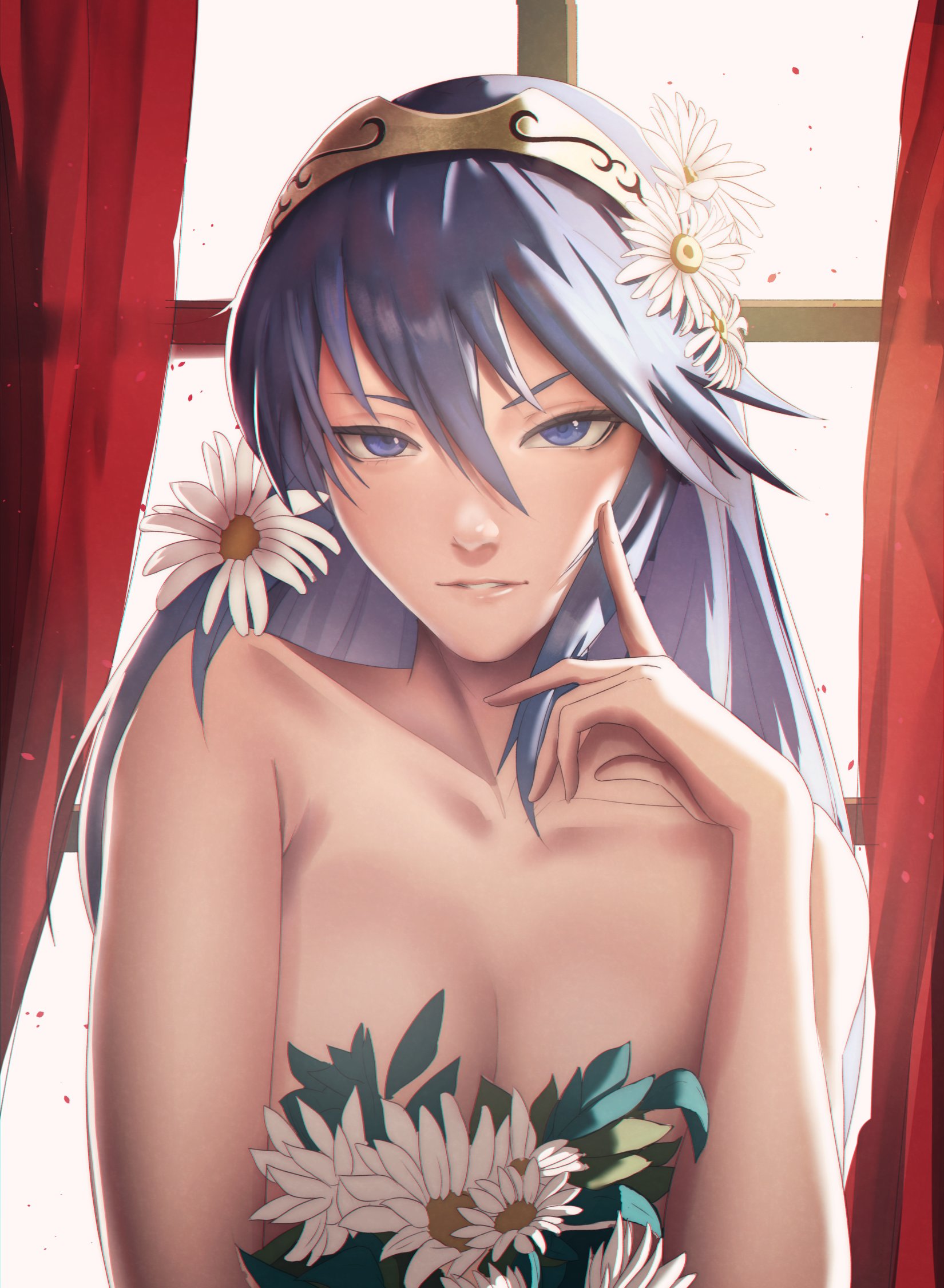 1girls, bare shoulders, blue eyes, blue hair, bouquet, breasts, collarbone, convenient censoring, covering breasts, female, female only, fire emblem, fire emblem awakening, flower, hair flower, indoors, long hair, looking at viewer, lucina (fire emblem), medium breasts, nintendo, nude, nude female, pomelomelon, seductive, seductive smile, smile, solo, tiara, upper body