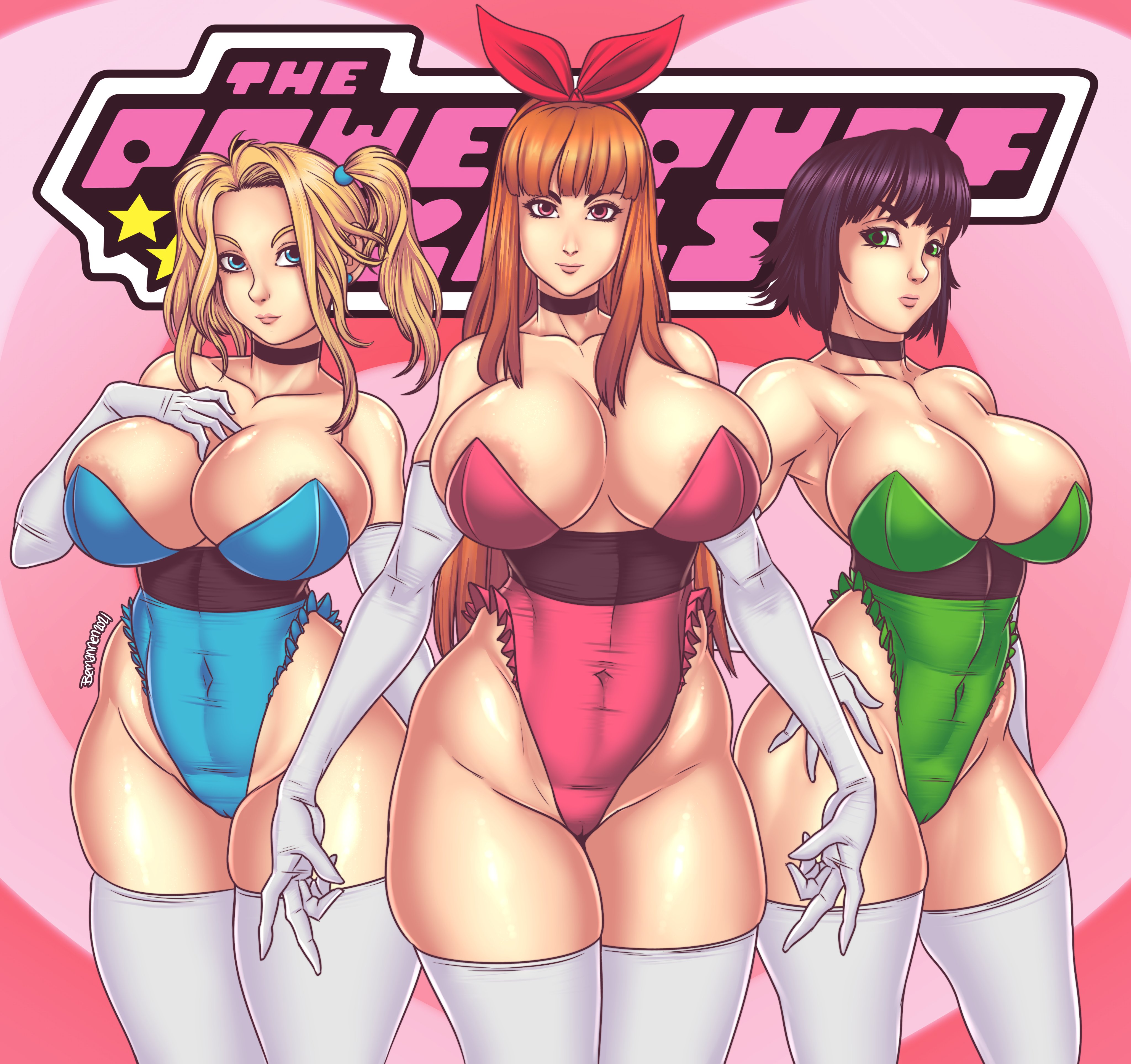 3girls, areolae, areolae slip, bemannen, black hair, blonde hair, blossom (powerpuff girls), blue eyes, breasts, bubbles (powerpuff girls), busty, buttercup (powerpuff girls), cartoon network, choker, cleavage, female, green eyes, huge breasts, leotard, powerpuff girls, puffy nipples, red eyes, red hair, ribbon, stockings, thick, tight clothing, voluptuous