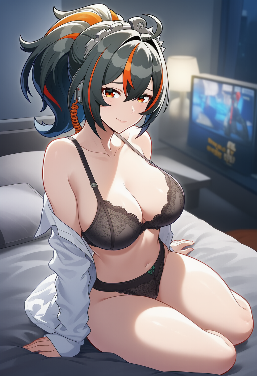 1girls, ai generated, bed, bedroom, big ass, big breasts, big butt, big thighs, black hair, black lingerie, female, female focus, female only, hoyoverse, looking at viewer, lunealter, mature, mature female, mihoyo, multicolored hai, multicolored hair, night, pale skin, pale-skinned female, partially clothed, ponytail, red eyes, sitting, sitting on bed, thick ass, thick butt, thick legs, thick thighs, zenless zone zero, zhu yuan