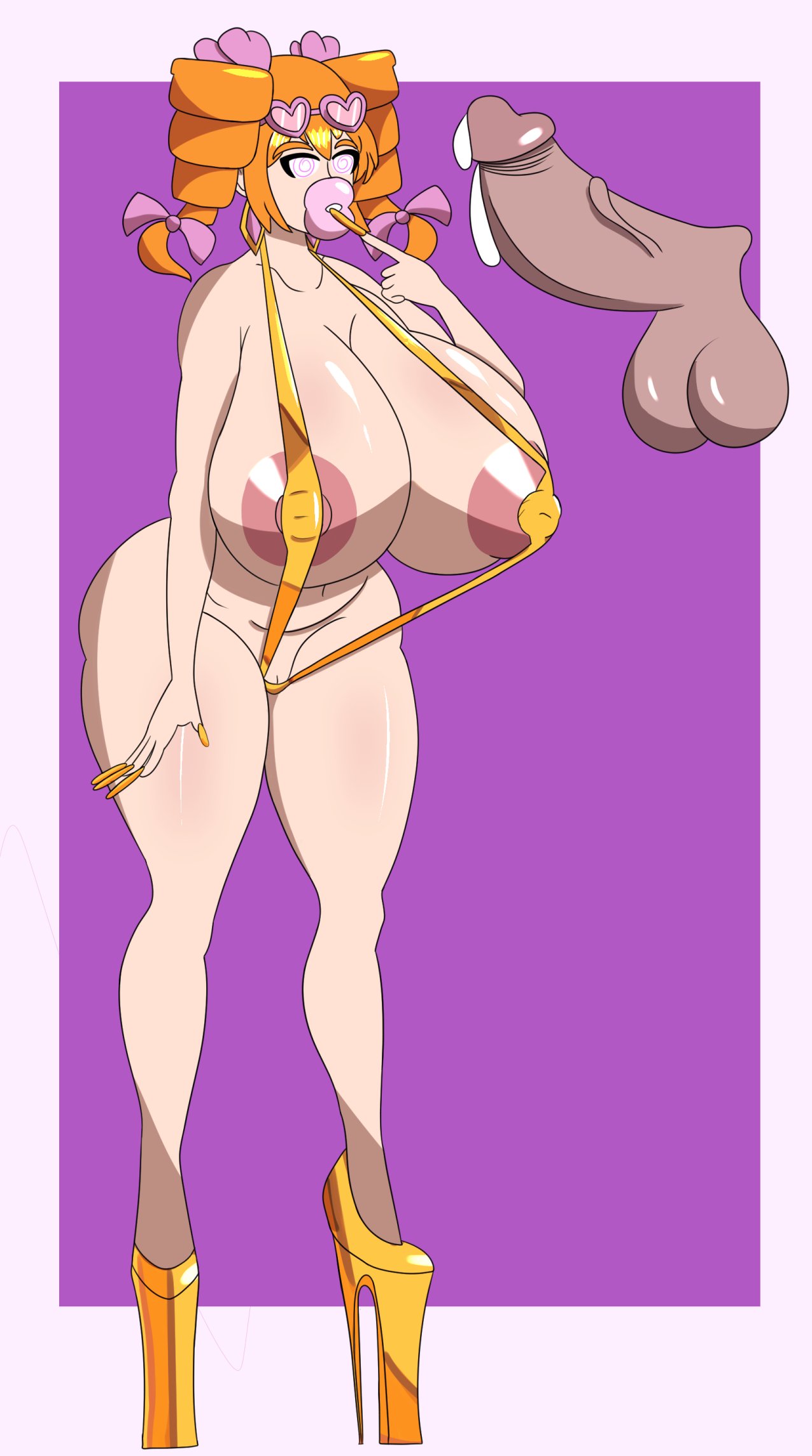 bimbo bimbo_body bimbo_lips bimbofication crabla gold_bikini gold_heels high_heels huge_ass huge_breasts implied_transformation intelligence_drain intelligence_loss iq_loss long_nails platform_heels sling_bikini thick_lips thick_thighs touhou yorigami_jo'on