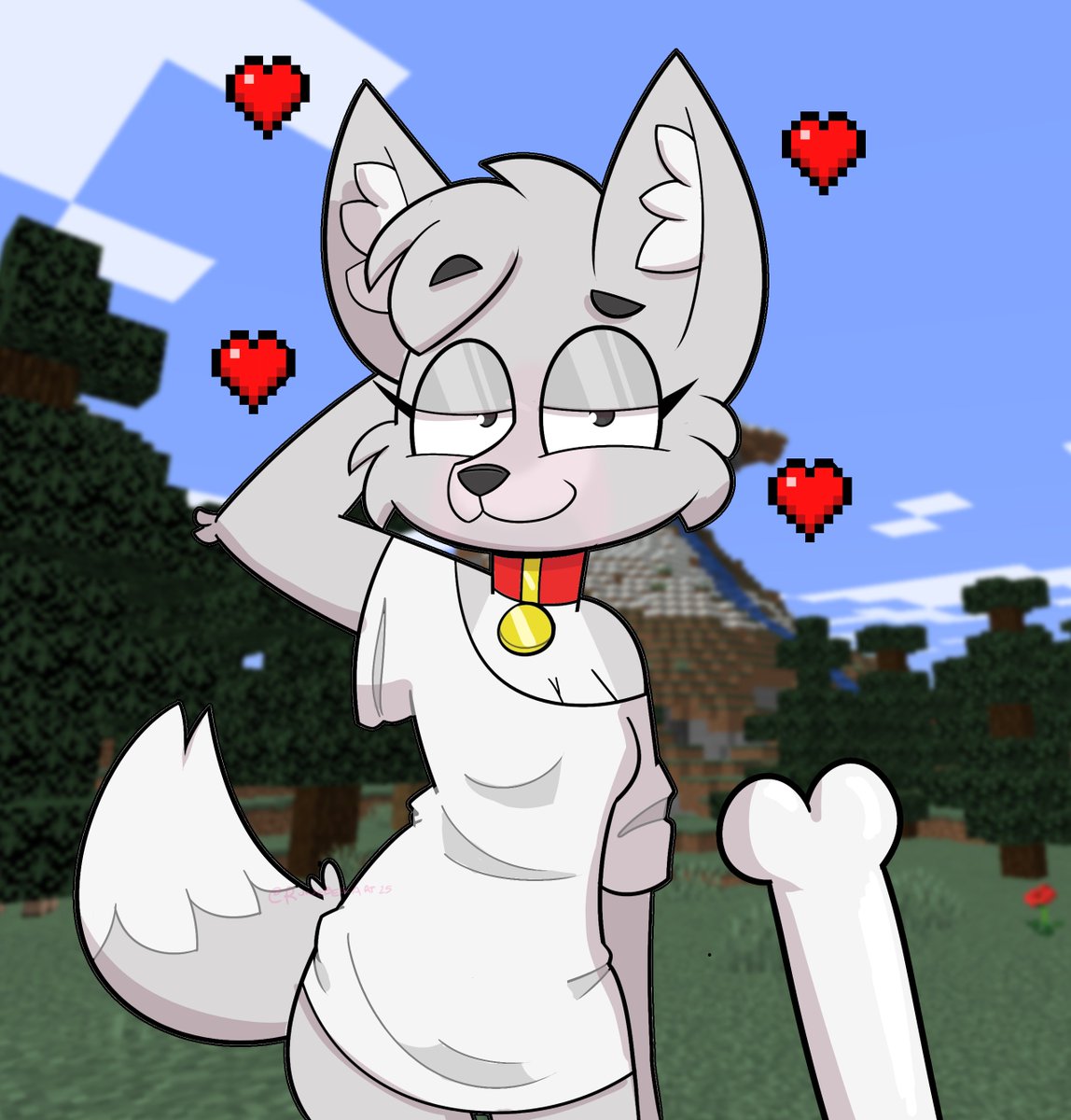 1girls, anthro, anthrofied, bone, breasts, collar, ears, female, furry, grey body, grey fur, hand behind head, hearts around head, looking at viewer, minecraft, offscreen character, pale wolf (minecraft), runebellart, shirt, shirt only, small breasts, smile, tail, two-tone body, two-tone fur, white shirt, wolf, wolf (minecraft), wolf girl