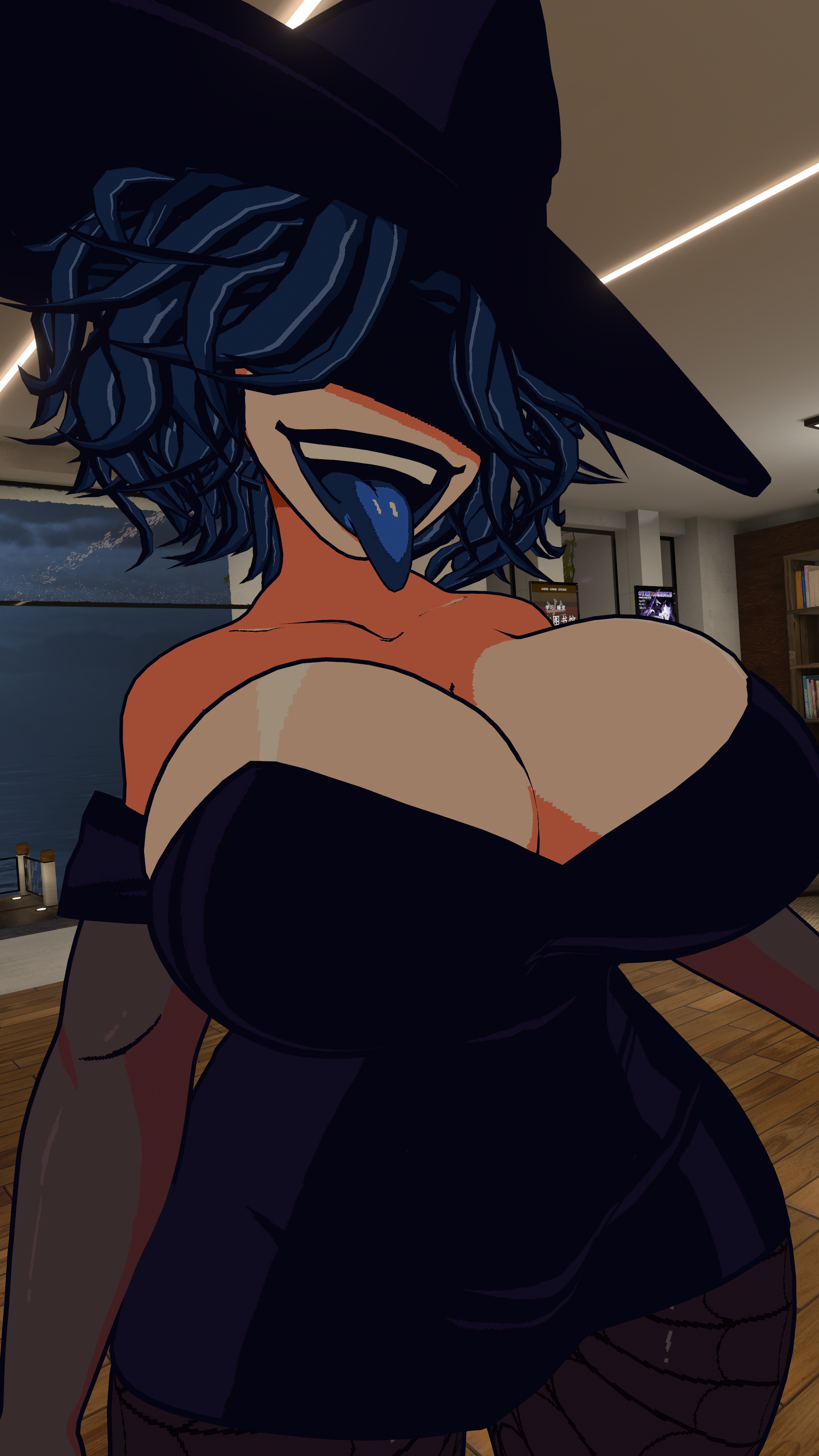 1girls, 3d, ass, blue hair, blue lipstick, blue tongue, breasts, cordelia valentine, covered eyes, dead estate, female, massive ass, massive breasts, smile, solo female, tagme, tongue, tongue out, vrchat, witch hat