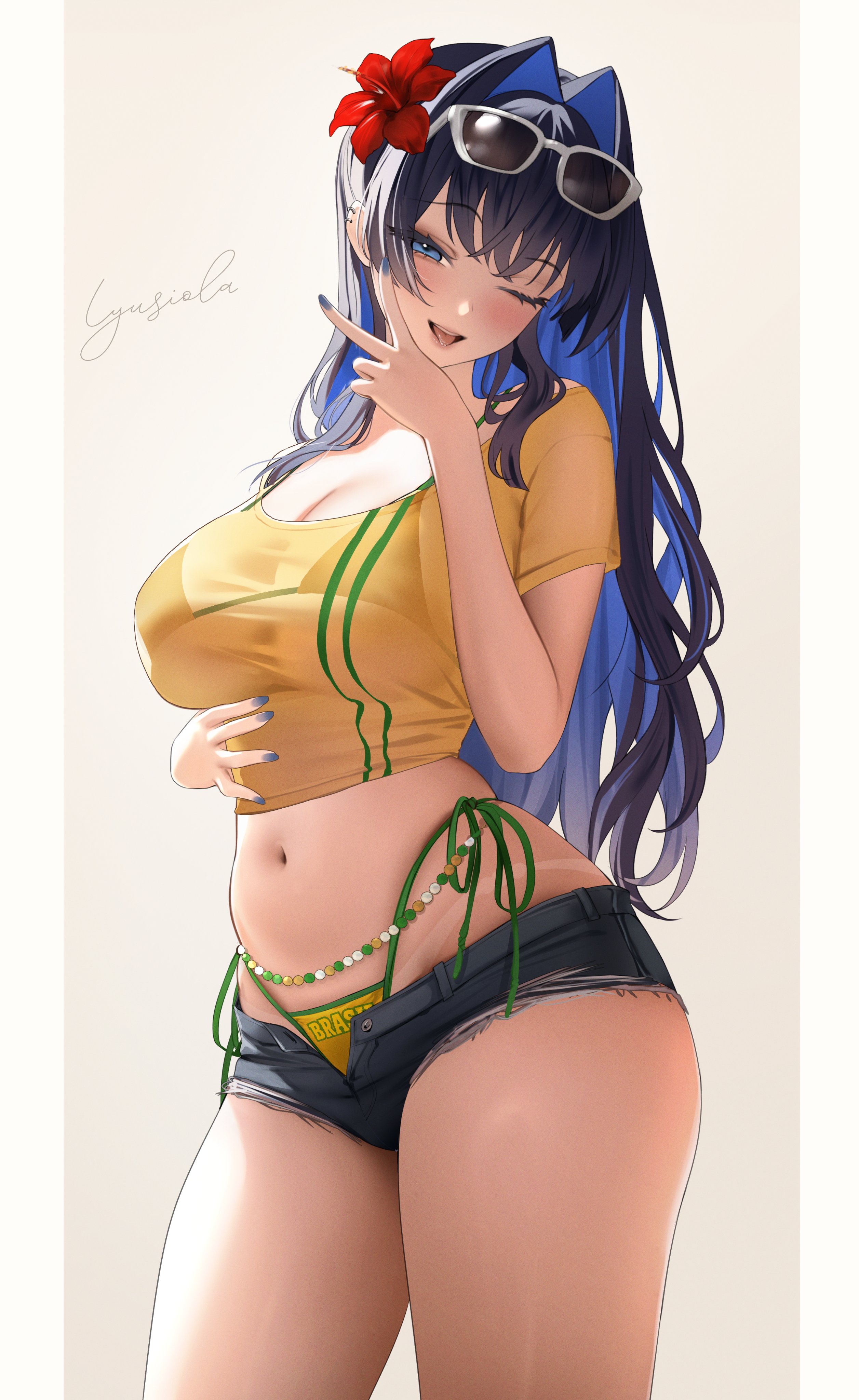 1girls, brazilian, brazilian miku (cosplay), breasts, eyewear on head, female, female focus, female only, hololive, hololive english, hololive english -council-, hololive english -promise-, large breasts, light skin, light-skinned female, looking at viewer, lyusiola, one eye closed, ouro kronii, solo, sunglasses, tanline, thick thighs, thighs, virtual youtuber, wide hips