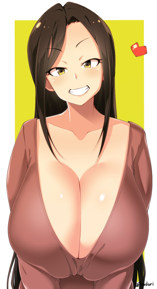 breasts brown_hair cleavage eyebrows_visible_through_hair eyelashes female heart huge_breasts idolmaster idolmaster_cinderella_girls long_hair long_sleeves looking_at_viewer mature_female milf mukai_takumi shirt simple_background smile standing toudori v-neck watermark white_background yellow_background