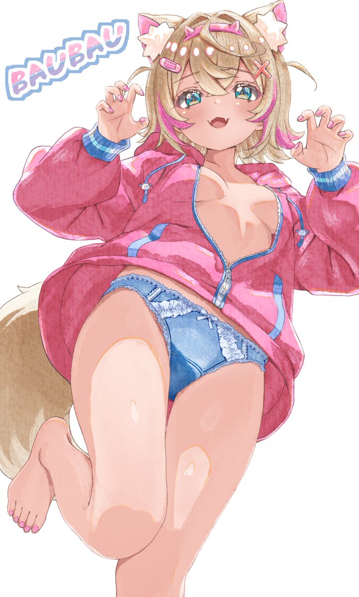 alternate costume, animal ear fluff, animal ears, bandaid, bandaid hair ornament, blonde hair, blue eyes, blue panties, bow, bow panties, breasts, dog ears, dog girl, dog tail, fake horns, hair ornament, hairband, highres, hololive, hololive english, horn hairband, horns, jacket, looking at viewer, medium hair, mococo abyssgard, multicolored hair, nail polish, navel, panties, pink hairband, pink jacket, pink nails, pink streaks, simple background, small breasts, streaked hair, tail, toenail polish, toenails, underwear, virtual youtuber, white background, x hair ornament, yuyuiaz2