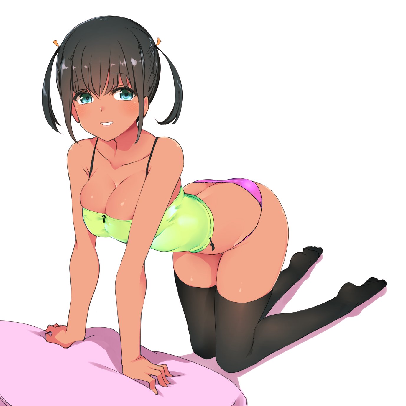 black hair, black legwear, blue eyes, breasts, dark skin, dark-skinned female, eyebrows visible through hair, female, heart, heart-shaped pupils, highres, looking at viewer, manabebebe, original, panties, purple panties, short twintails, solo, symbol-shaped pupils, thighhighs, twintails, underwear, white background