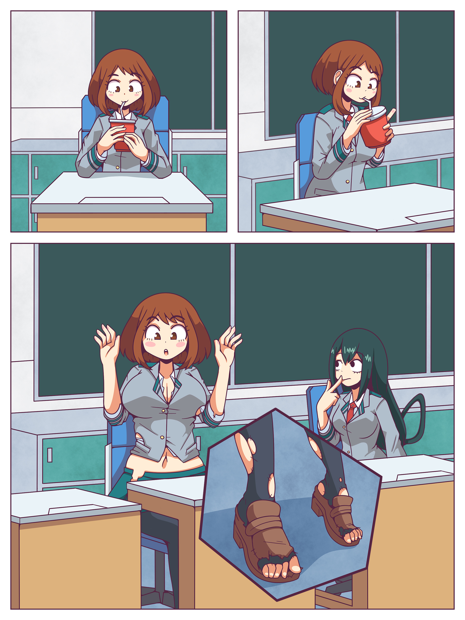 2girls, breast expansion, breast growth, breast growth (enlargement), breasts, brown hair, brown-haired female, bursting breasts, colored, comic, female, female only, giantess, green hair, green-haired female, growth, huge breasts, inksgirls, my hero academia, ochako uraraka, shounen jump, torn clothes, tsuyu asui, wardrobe malfunction