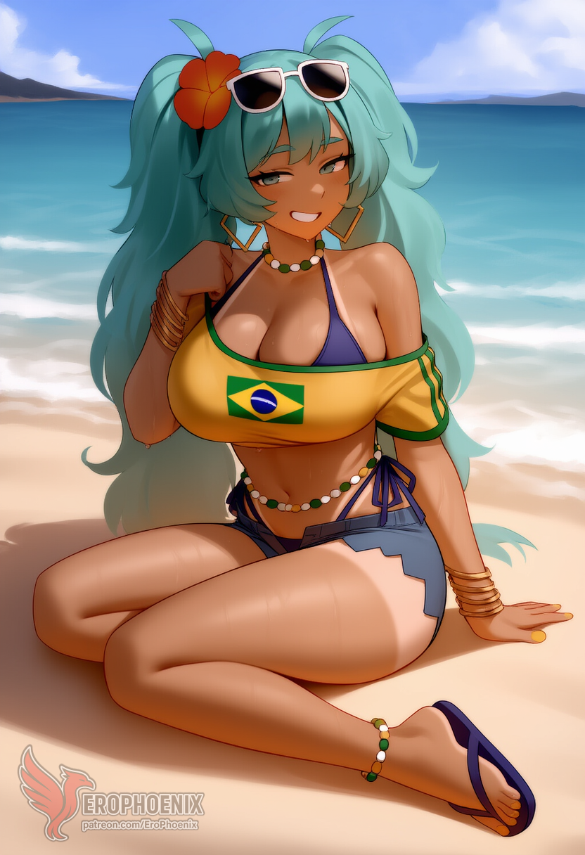 1girls 2d ai_generated aqua_hair ass barefoot big_ass big_breasts bikini bracelet brazilian_miku breasts dark-skinned_female earrings erophoenix eyewear_on_head feet female full_body grin hair_flower hair_ornament hatsune_miku huge_breasts jewelry kneeling long_hair looking_at_viewer looking_back nail_polish patreon_username shorts smile soles solo solo_female sunglasses swimsuit tan tellow_shirt thick thick_thighs toes uncensored vocaloid