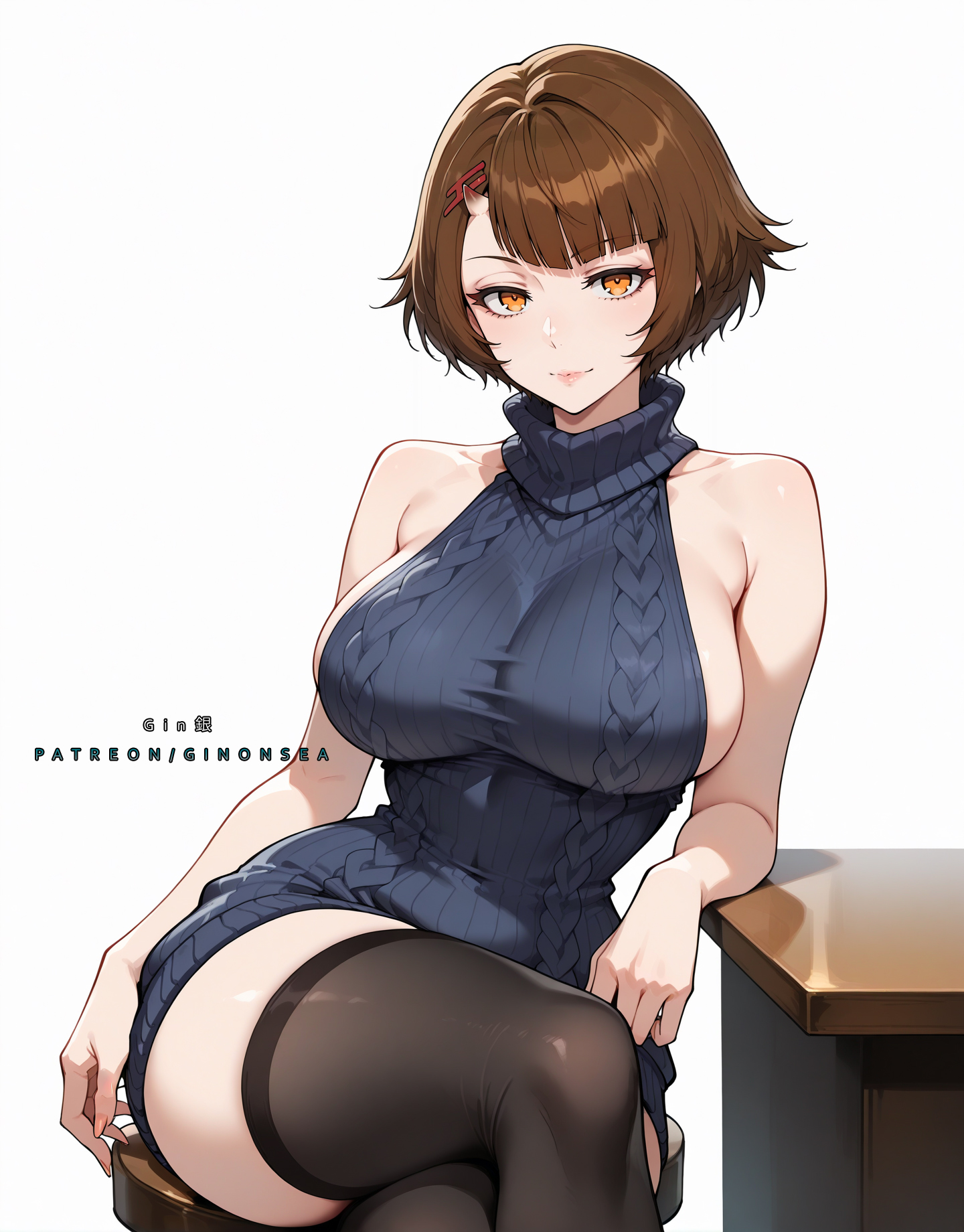 1girls, ai generated, artist name, breasts, brown hair, curvaceous, curvy figure, endorsi jahad, female, ginonsea, golden eyes, horn, large breasts, patreon username, shoulders, sideboob, table, thighhighs, thighs, tower of god