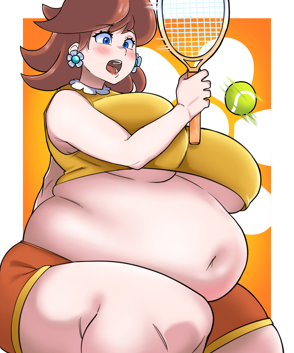 1girls, bbw, breasts, darksideb, female, female only, huge belly, huge breasts, human, mario (series), overweight, overweight female, princess daisy, revealing clothes, solo, solo female, underboob, weight gain