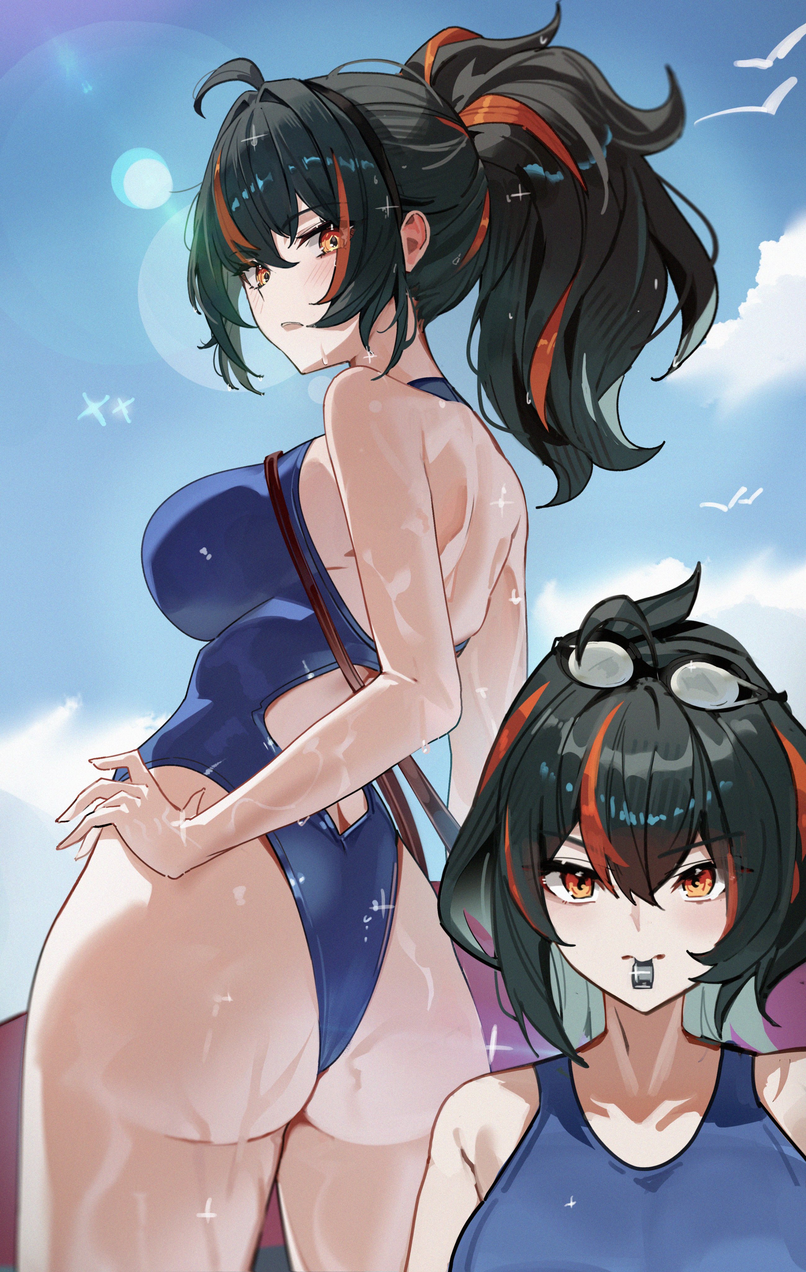 1girls, 2d, 2d (artwork), alternate costume, ass, back, back view, backboob, big breasts, black hair, blue swimsuit, breasts, clouds, day, female, female focus, female only, high resolution, highres, hourglass figure, hoyoverse, light skin, light-skinned female, looking at viewer, looking back, looking back at viewer, maanu, medium hair, mihoyo, mihoyo technology (shanghai) co. ltd., new eridu public security, one piece swimsuit, orange eyes, outdoors, ponytail, red hair, sky, solo, solo female, solo focus, standing, summer, swimsuit, voluptuous, voluptuous female, wet, wet body, young, younger female, zenless zone zero, zhu yuan
