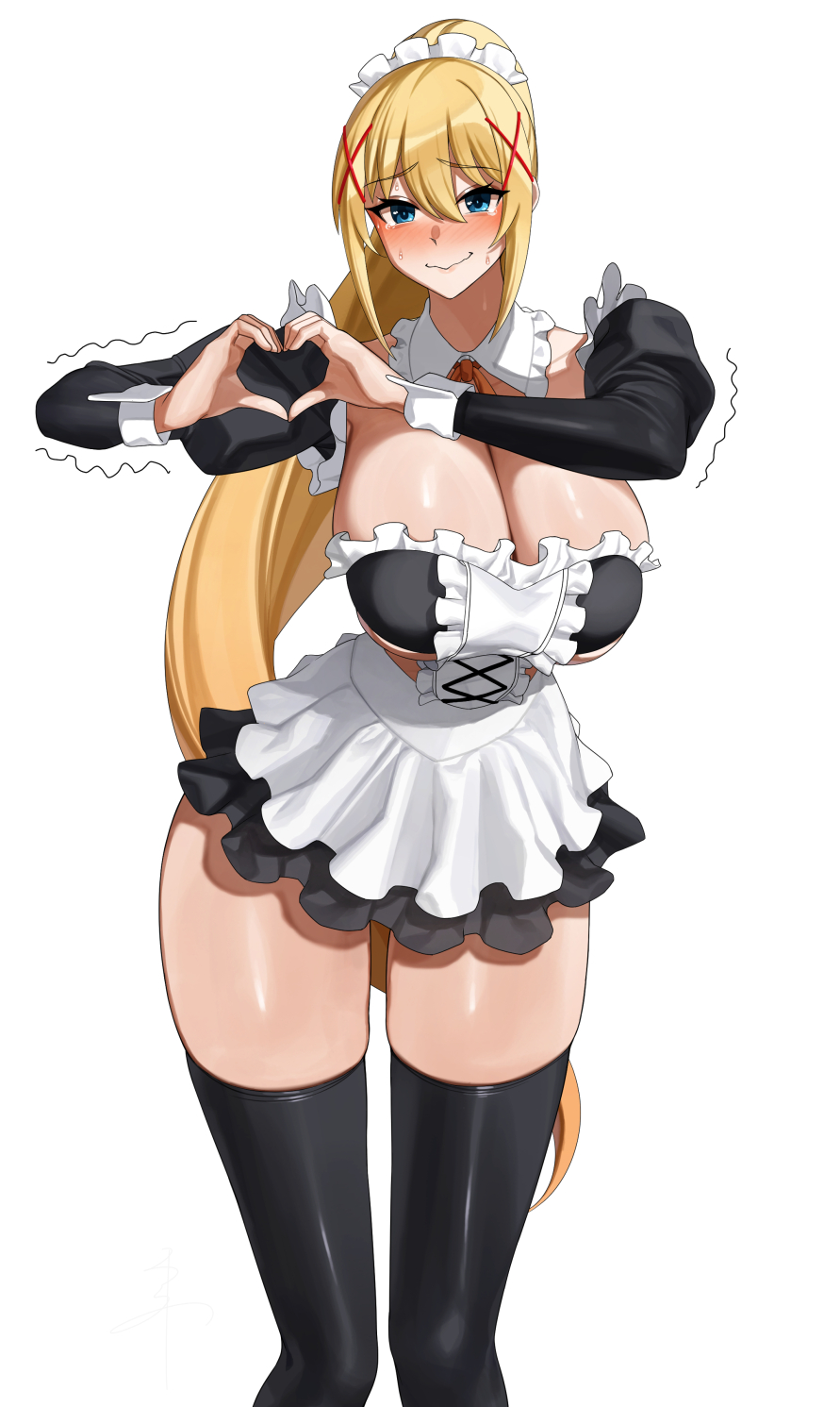 1girls, black dress, black thighhighs, blonde hair, blue eyes, blush, breasts, cleavage, darkness (konosuba), detached collar, detached sleeves, dress, embarrassed, female, female only, frilled skirt, frilled sleeves, frills, hair between eyes, hair ornament, hairclip, heart, heart hands, highres, kono subarashii sekai ni shukufuku wo!, large breasts, long hair, long sleeves, maid, maid headdress, maid uniform, nervous smile, ponytail, senju (snz0), skirt, smile, solo, stockings, thick thighs, thighhighs, thighs, trembling, uniform, very long hair