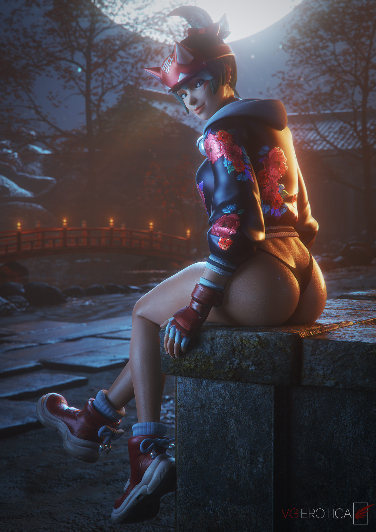 1girls, 2025, 3d, 3d (artwork), asian, asian female, ass, big ass, black panties, black thong, blender, blizzard entertainment, bubble ass, bubble butt, detailed background, face markings, facial markings, female, female focus, female only, headband, headwear, hi res, highres, hooded jacket, hoodie, japanese, japanese female, kiriko (overwatch), kiriko kamori, looking at viewer, looking back, overwatch, panties, pose, posing, showing off, sitting, sunlight, sunset, thick ass, thick thighs, thong panties, underwear, vgerotica, watermark