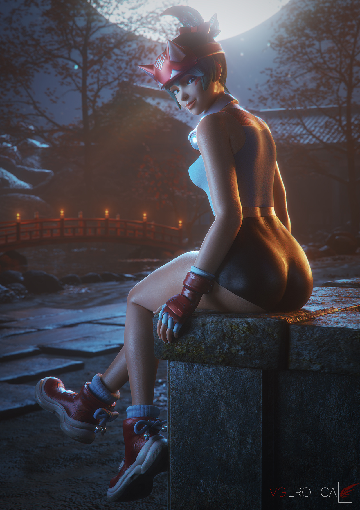 1girls, 2025, 3d, 3d (artwork), asian, asian female, ass, big ass, blender, blizzard entertainment, bubble ass, bubble butt, detailed background, dolphin shorts, face markings, facial markings, female, female focus, female only, headband, headphones, headwear, hi res, highres, japanese, japanese female, kiriko (overwatch), kiriko kamori, looking at viewer, looking back, overwatch, pose, posing, shirt, shorts, showing off, sitting, sunlight, sunset, tank top, thick ass, thick thighs, vgerotica, watermark