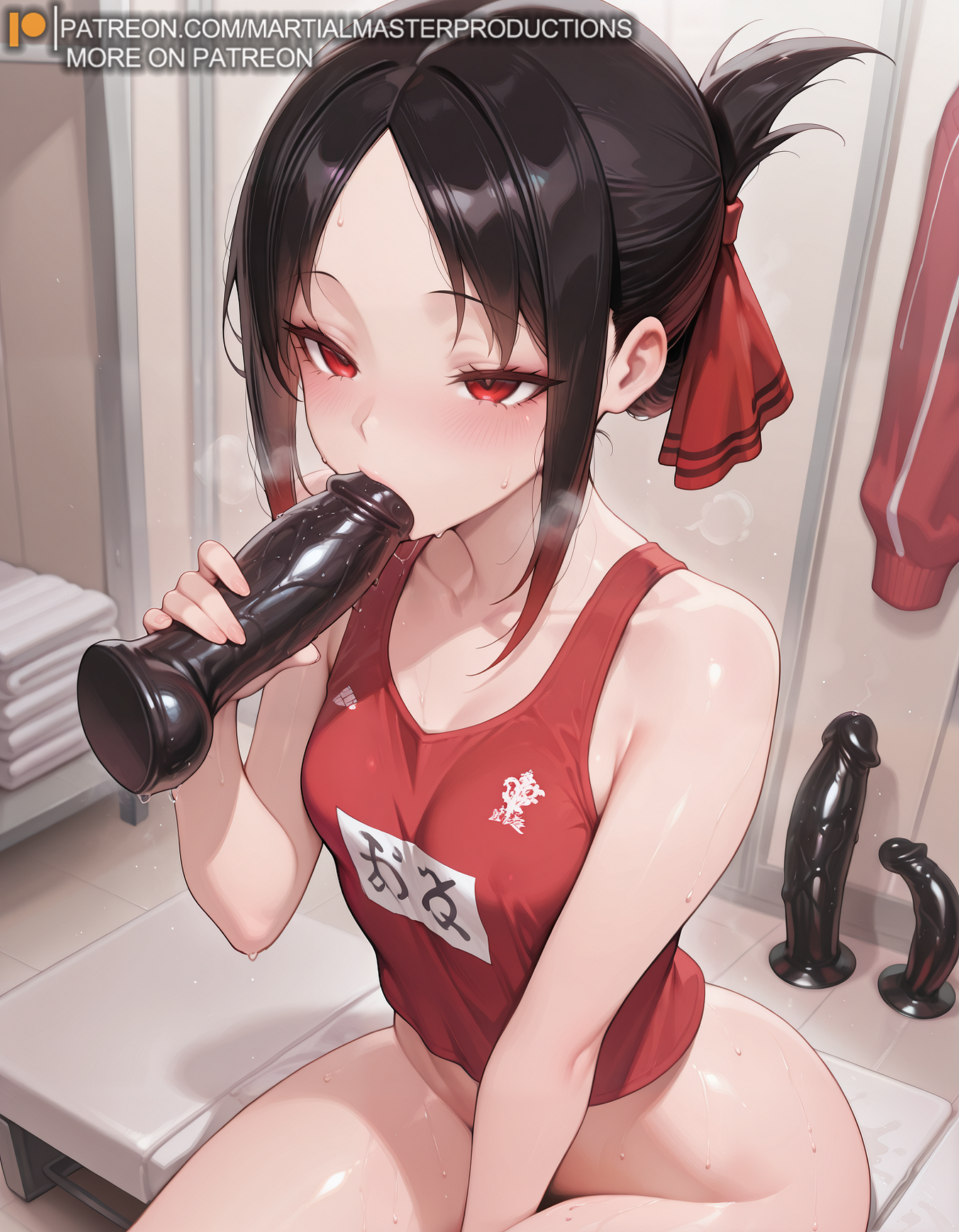 1girls, ai assisted, ai generated, black dildo, black hair, blush, bottomless, breasts, female, imminent masturbation, kaguya-sama wa kokurasetai ~tensai-tachi no renai zunousen~, martial master productions, patreon, red eyes, sex toy, shinomiya kaguya, sitting, small breasts, solo, sucking dildo, tagme