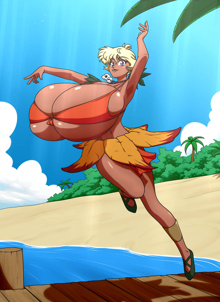 1girls, armpits, bare shoulders, beach, big breasts, bikini, blonde hair, breast expansion, breast growth, breast growth (enlargement), breasts, breasts bigger than head, bursting breasts, busty, cleavage, curvy, dark skin, dark-skinned female, earrings, female, female only, full body, goddess, hanging breasts, hips, huge breasts, hyper, hyper breasts, jungle de ikou, leaf, mii (jungle de ikou), necklace, short hair, skirt, skull necklace, solo, solo female, thick, thick thighs, thighs, top heavy, tribal, voluptuous, wide hips, ydbunny