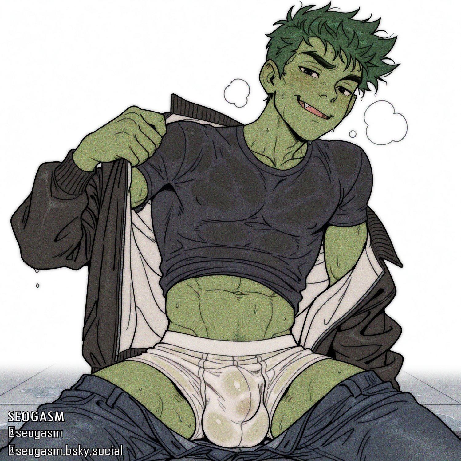 ai generated, beast boy, bulge, bulge through clothing, dc, dc comics, gangbang, hot, male, male focus, male only, male pov, waiting