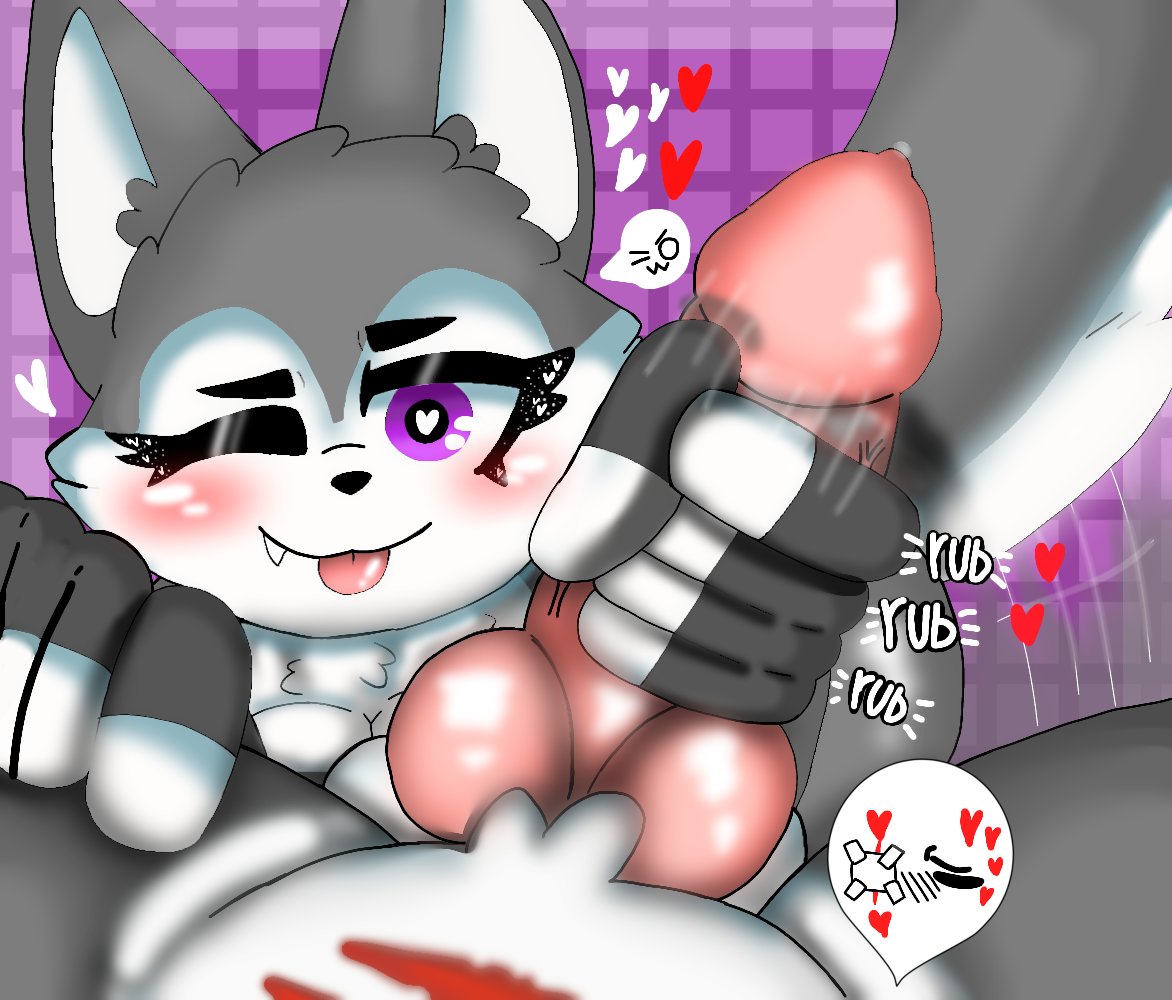 1boy, 1girls, blush, breasts, duo, female, fingerless gloves, furry, grey body, grey fur, handjob, heart, heart-shaped pupils, male, male/female, naked, naked female, naked male, nude, nude female, nude male, penis, piggy (game), purple eyes, tongue, tongue out, two-tone body, two-tone fur, white fur, willow (piggy), wink, winking at partner, woflgame, wolf, wolf girl